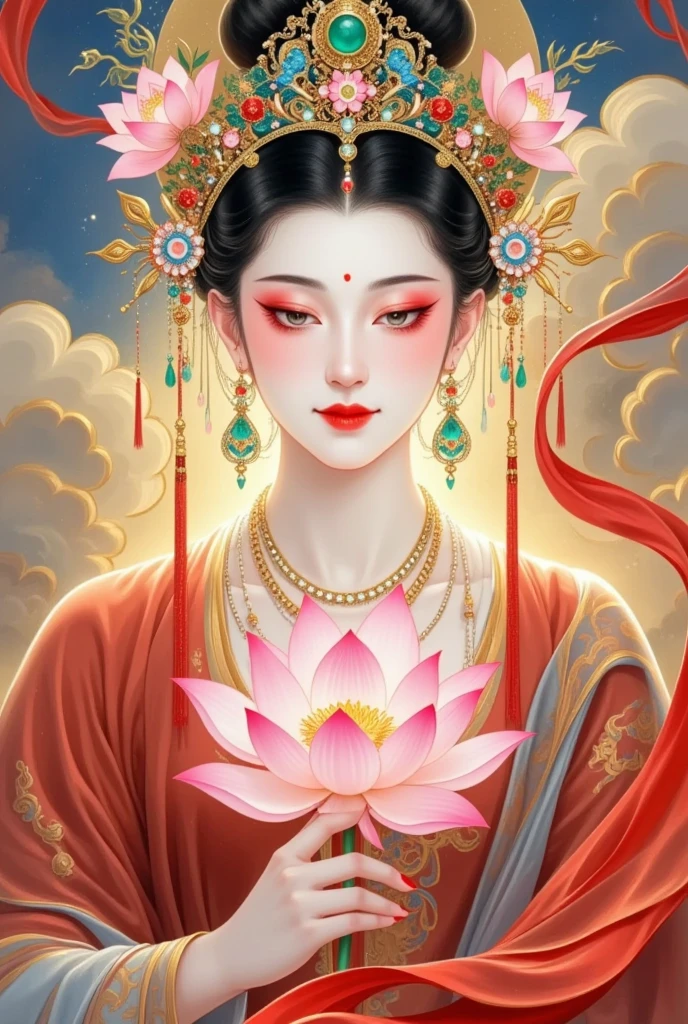 Flying，flowing red silk， A beautiful goddess with a golden cloud and sky background,Portrait of a very beautiful girl，Statue of Tara Bodhisattva ， red eyeshadow， red face ，Red lips，，front， skin details ，Fine hair。Crown(Dot emerald +Cloisonne+ filigree enamel+flower+pearl+tassel)， upper body , 手持莲flower .  fair skin ,  is surrounded by clouds， with a golden halo on her face .(((Red Silk Streamer )))
