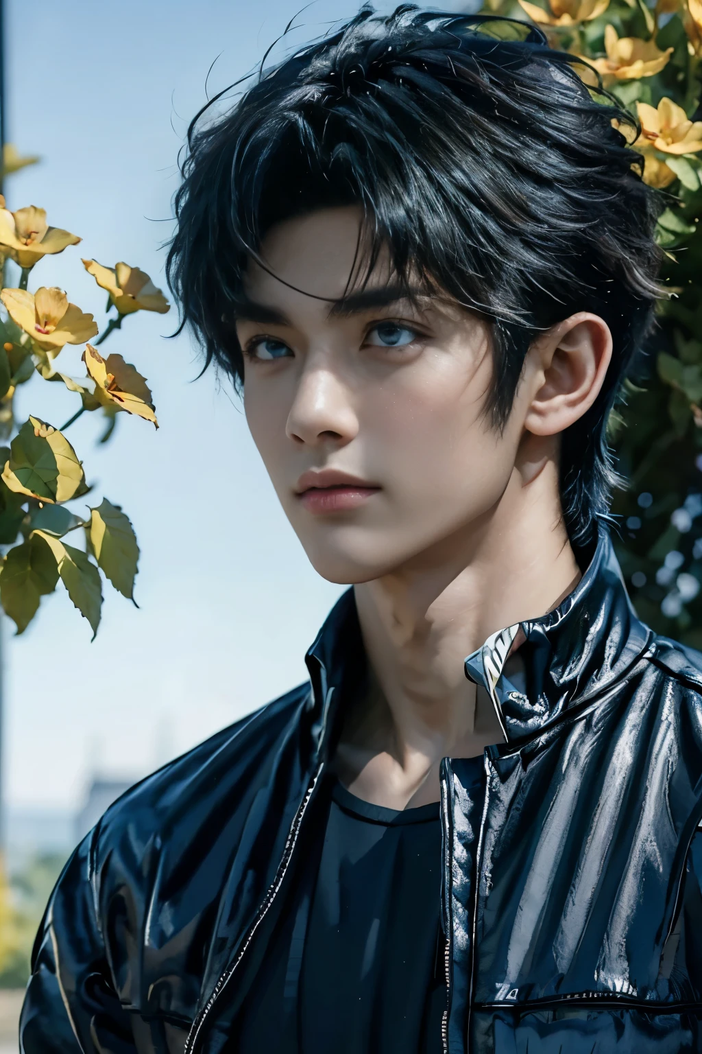 1boy, (masterpiece, realistic, best quality, high resolution), (absurdres, ultra realistic 8k resolution, Highest image quality:1.2), final fantasy xv, noctis lucis caelum, ulzzang boy, young japanese, extremely detailed face, perfect face, cute face, beautiful detailed eyes, beautiful detailed lips, shiny hair, bangs, black jacket, exposed chest, pectorals, abs, slim muscular, handsome muscle, bronze skin, detailed skin, perfect hands, fingerless gloves, black pants, black boots, Excellent body proportions, good anatomy, looking at camera, action scene, dynamic pose, male focus, sunny day, tree, flowers, cinematic composition and lighting, realistic lighting, soft light, full-body shot, front view, Chinese courtyard, (intricate detail, hyper realistic, Professional photography),