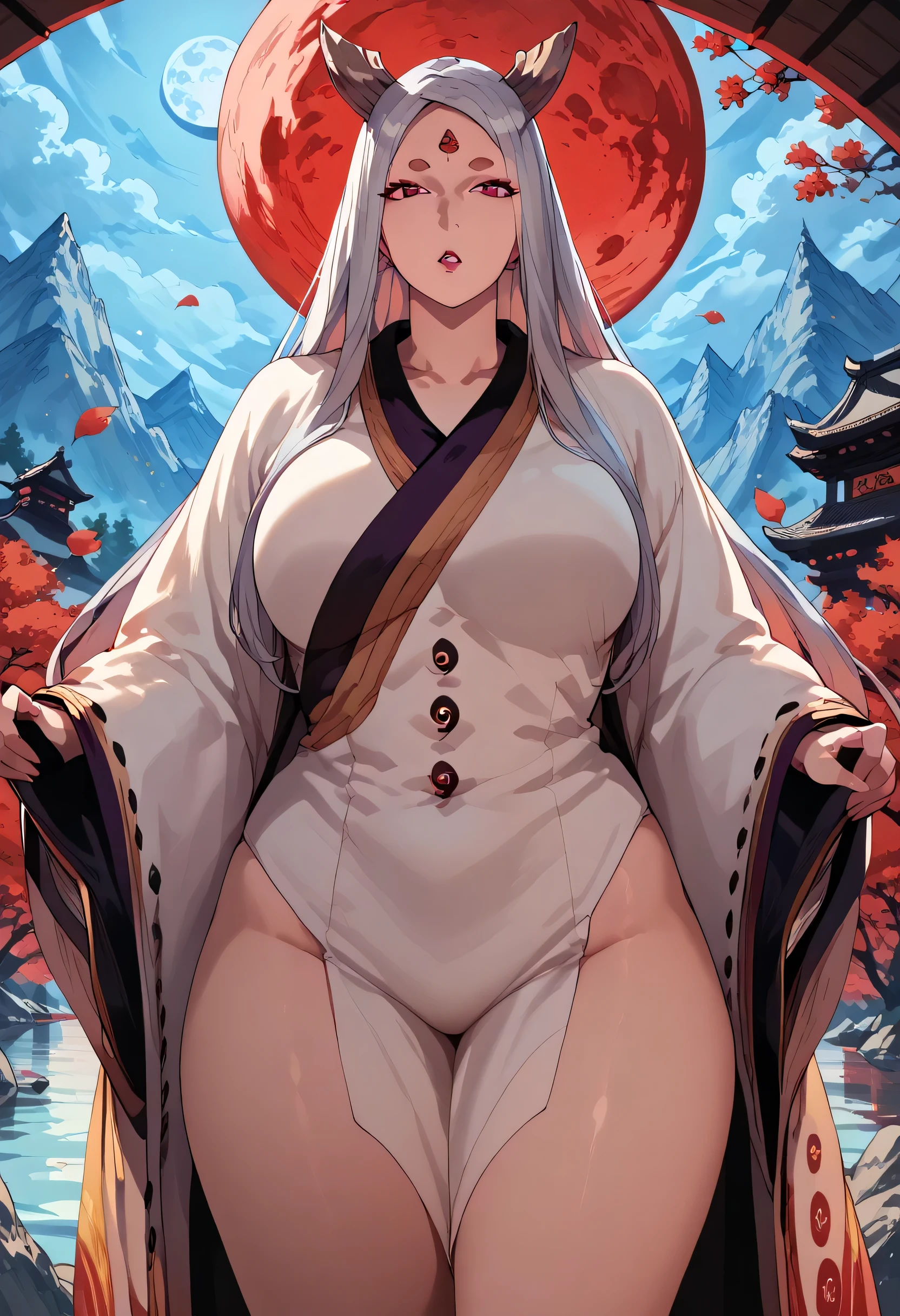 Girl, solo, kimono , red eyes, haori, Temple , moon, parted lips, thick thighs , big breasts,standing ,lake,beautiful