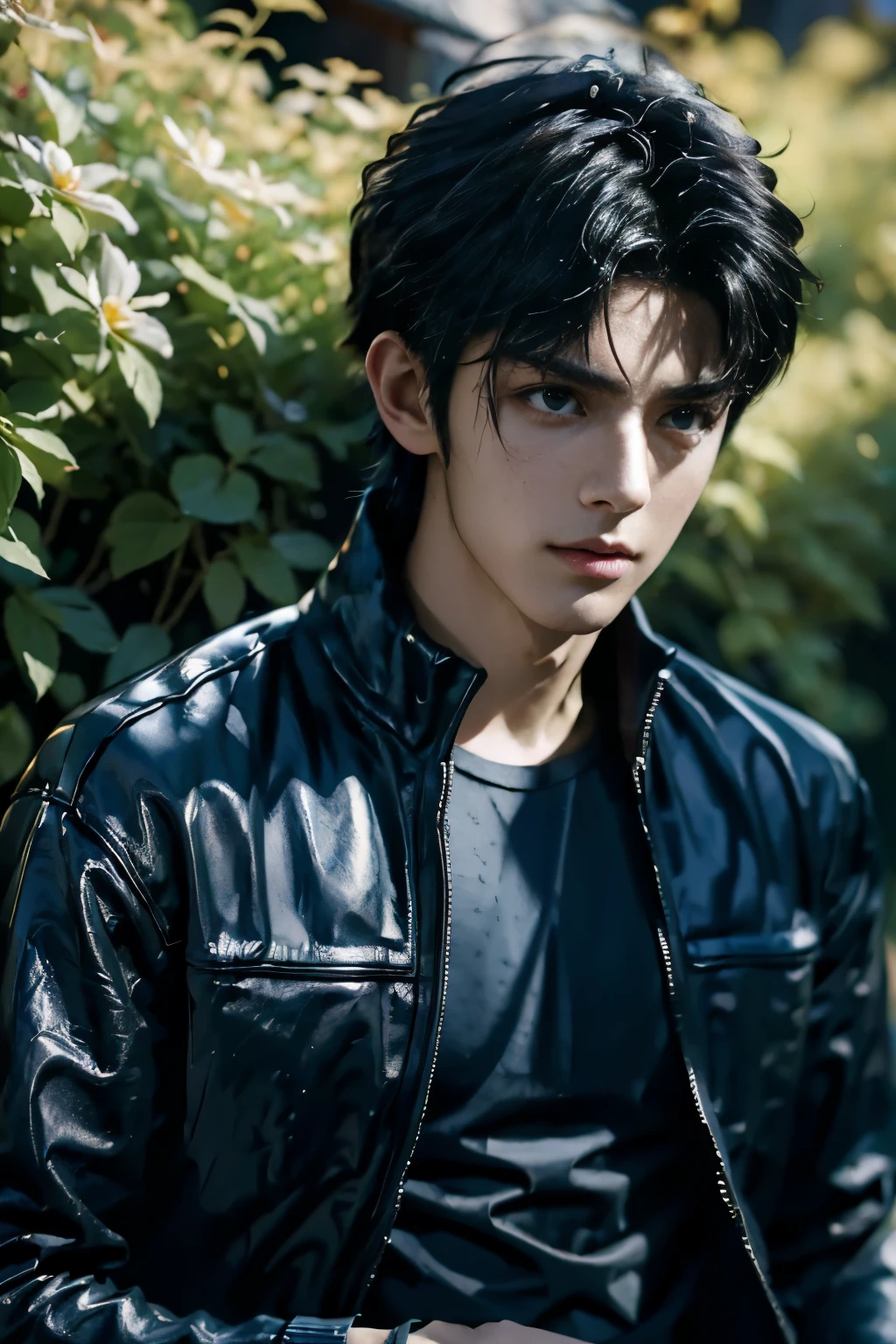 1boy, (masterpiece, realistic, best quality, high resolution), (absurdres, ultra realistic 8k resolution, Highest image quality:1.2), final fantasy xv, noctis lucis caelum, ulzzang boy, young japanese, extremely detailed face, perfect face, cute face, beautiful detailed eyes, beautiful detailed lips, shiny hair, bangs, black jacket, exposed chest, pectorals, abs, slim muscular, handsome muscle, bronze skin, detailed skin, perfect hands, fingerless gloves, black pants, black boots, Excellent body proportions, good anatomy, looking at camera, action scene, dynamic pose, male focus, sunny day, tree, flowers, cinematic composition and lighting, realistic lighting, soft light, full-body shot, front view, Chinese courtyard, (intricate detail, hyper realistic, Professional photography),