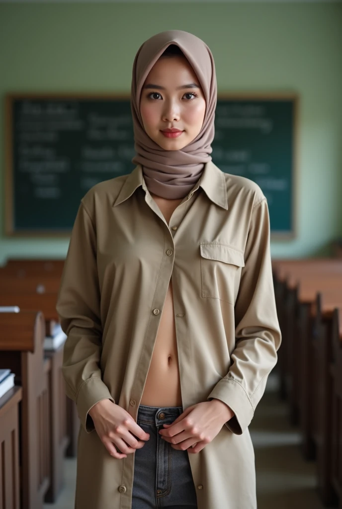 a realistic photography, a naturally beautiful Indonesian woman, without make up, natural face, 18 years old.  sweaty. slim, slender, skinny and tall. sweaty, summer. wear a modern brown hijab, wear a khaki colored tshirt, wear a khaki colored skirt too.  sit on the chair. is studying with a class
 sitting on his lap.  next to students study and the school, sweaty, holding cucumber,  white thick milk melting in hands and uniform. Cucumbers, pen and book in the tables