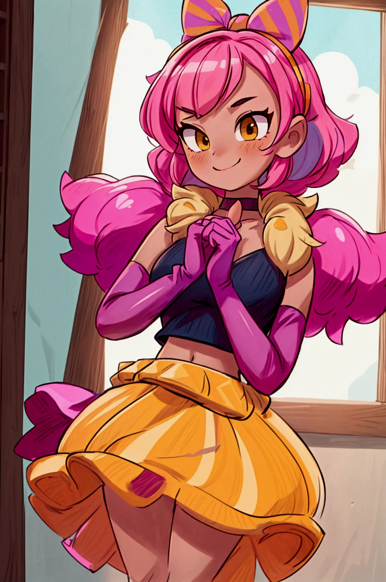 "Masterpiece, best quality, 1 girl melodie brawl stars, pink hair, big bow, elbow gloves, black crop top, fur stole, choker, standing indoors with intricate details and sunlight. black orange and yellow frilled long dress striped with short neckline, Sweet smile, sexy pose, coquette, beautiful legs, mature body, gorgeous, pronounced breasts