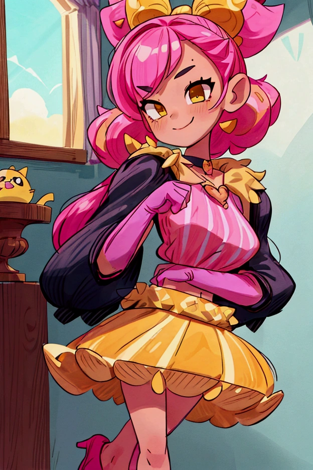 "Masterpiece, best quality, 1 girl melodie brawl stars, pink hair, big bow, elbow gloves, black crop top, fur stole, choker, standing indoors with intricate details and sunlight. black orange and yellow frilled long dress striped with short neckline, Sweet smile, sexy pose, coquette, beautiful legs, mature body, gorgeous, pronounced breasts