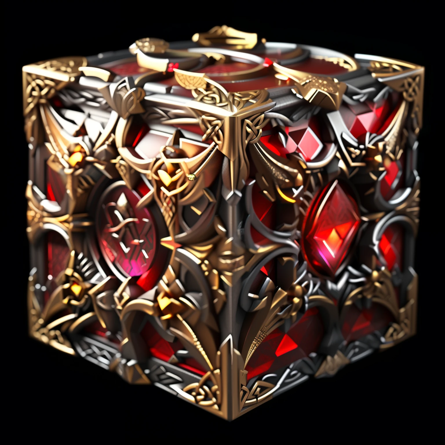 （ black background, close-up of a square treasure chest with red and metal border：1）， Abstract geometric ,,  Celtic Druid ornate metal box with gemstone filigree, Close-up shot of a square treasure chest with red and metal rims , Transcendence, Abstract geometric , Limited color ,  non-objective composition , Innovation, Avant-garde, Dynamic, ，jeweled， game icon研究所， game icon， Diablo Conceptual Art Drawing，HD，4K，