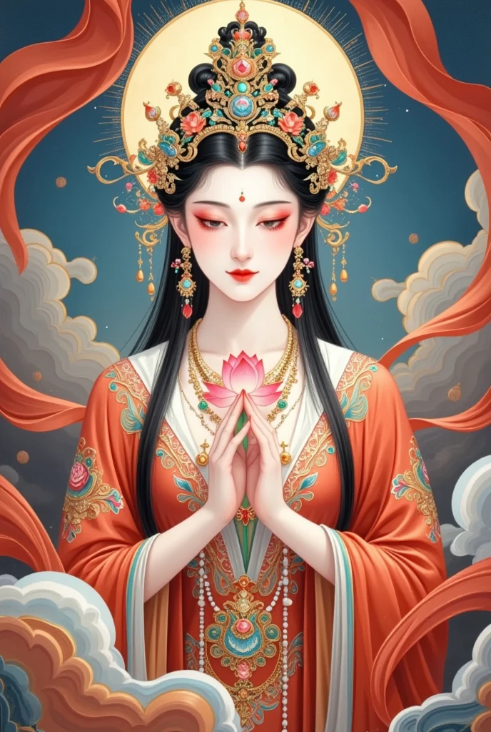 Flying，flowing red silk， A beautiful goddess with a background of golden clouds and sky,Portrait of a very beautiful girl，Statue of Tara Bodhisattva ， red eyeshadow， red face ，Red lips，，front， skin details ，Fine hair。Crown(Dot emerald +Cloisonne+ filigree enamel+flower+pearl+tassel)， upper body , 手持莲flower .  fair skin , Surrounded by clouds ， with a golden halo on her face .(((Red Silk Streamer )))
