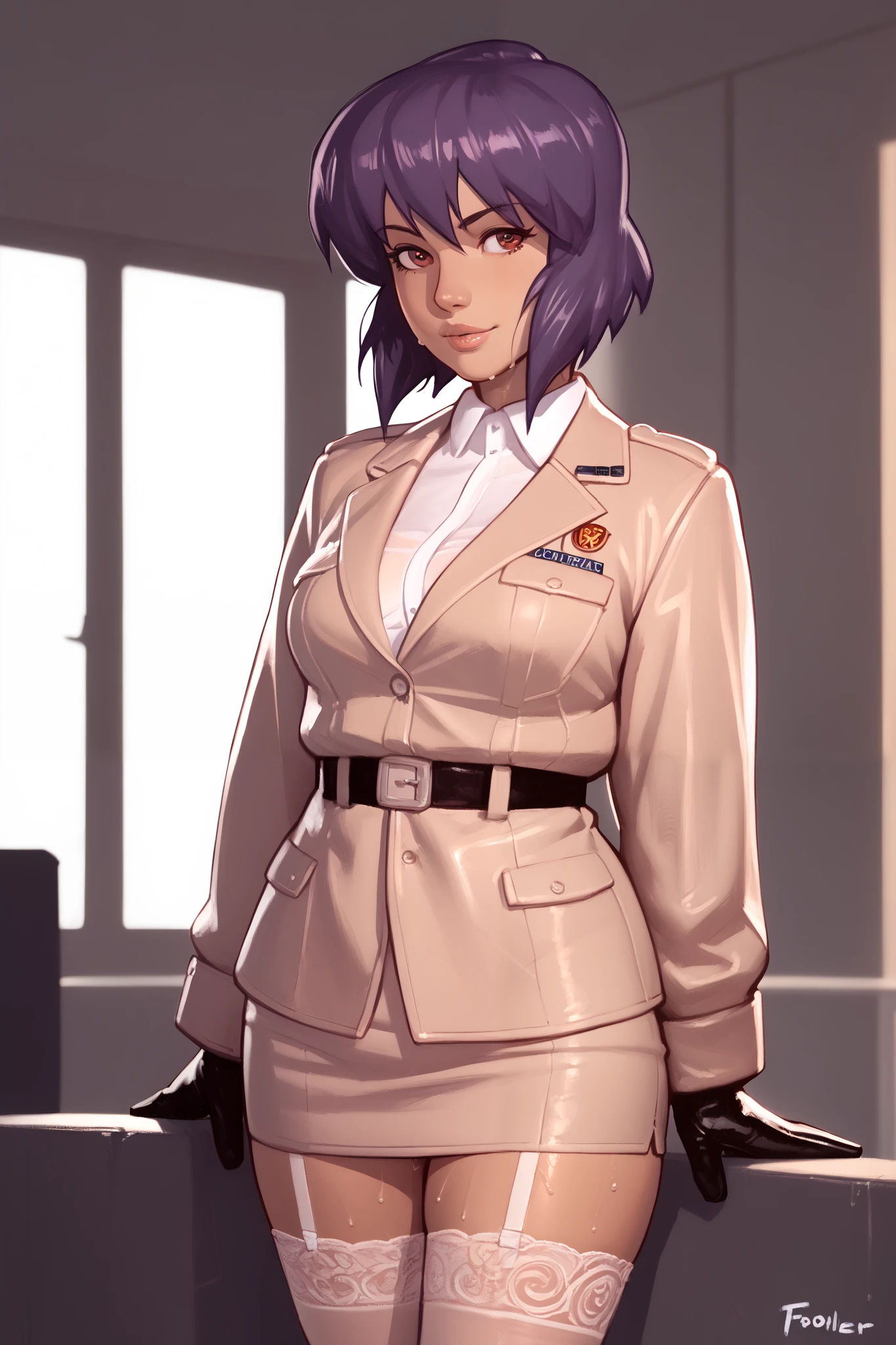 NSFW render of motoko kusanagi hentai scenes. motoko is alone in a dark and wet parking garage. she is wearing her tan military dress uniform. tan jacket, white undershirt, red dit, skirt, pantyhose. . author: (fossa666:1.5)r (taran fiddler:1.5),\ (pixel sketcher:1.4) masterpiece, detailed Bonifasko lighting, [crepuscular ray], best details, real life, depth of field, detailed backgrounddim lighting, flashlight lighting, solo, . . ,female, (motoko kusanagi ), (\), ,, (motoko kusanagi:1.2), seductive walk, femme, genitals, , medium breasts, clear details, (, realistic sweaty skin textures, translucent body, you can see under her skin, , ,s, stand alone complex, various poses, ,, gloves, stockings, 1girl, one girl, 1girl, solo, 
