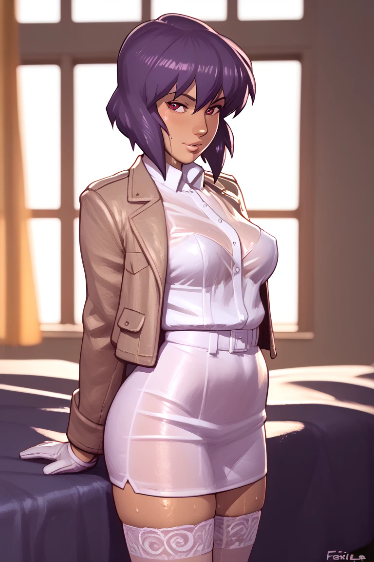 NSFW render of motoko kusanagi hentai scenes. motoko is alone in a dark and wet parking garage. she is wearing her tan military dress uniform. tan jacket, white undershirt, red dit, skirt, pantyhose. . author: (fossa666:1.5)r (taran fiddler:1.5),\ (pixel sketcher:1.4) masterpiece, detailed Bonifasko lighting, [crepuscular ray], best details, real life, depth of field, detailed backgrounddim lighting, flashlight lighting, solo, . . ,female, (motoko kusanagi ), (\), ,, (motoko kusanagi:1.2), seductive walk, femme, genitals, , medium breasts, clear details, (, realistic sweaty skin textures, translucent body, you can see under her skin, , ,s, stand alone complex, various poses, ,, gloves, stockings, 1girl, one girl, 1girl, solo, 
