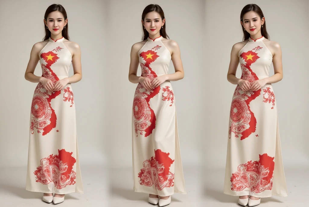 A TOK composite photo of a ao dai posing at different angles, a Vietnamese ao dai and Vietnamese hat, perfect body, perfect face