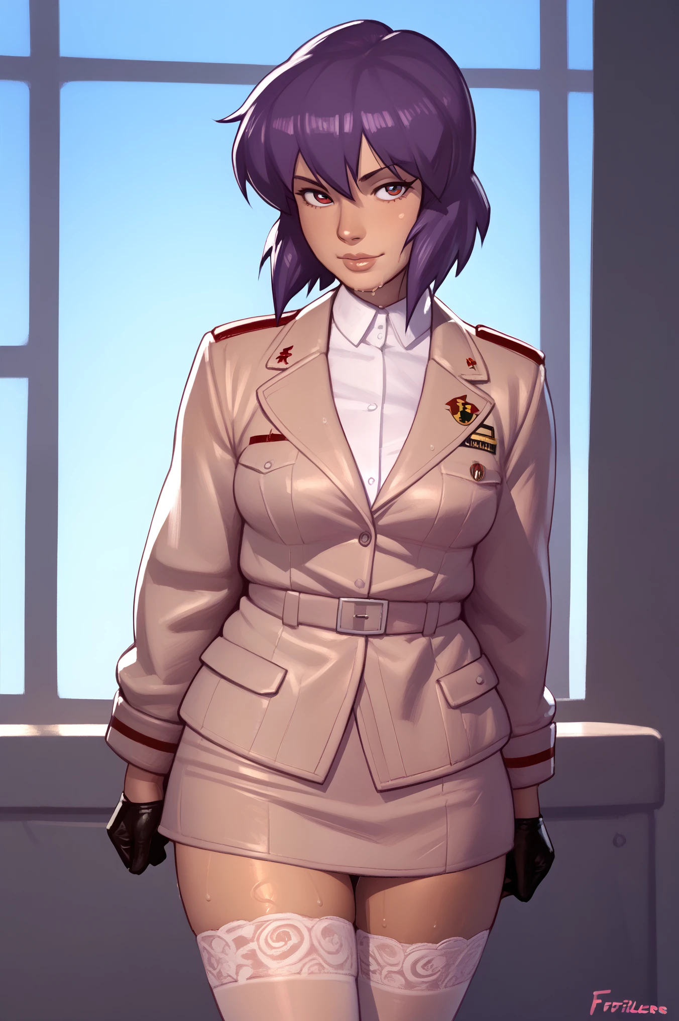 NSFW render of motoko kusanagi hentai scenes. motoko is alone in a dark and wet parking garage. she is wearing her tan military dress uniform. tan jacket, white undershirt, red dit, skirt, pantyhose. . author: (fossa666:1.5)r (taran fiddler:1.5),\ (pixel sketcher:1.4) masterpiece, detailed Bonifasko lighting, [crepuscular ray], best details, real life, depth of field, detailed background ; dim lighting, flashlight lighting, solo, . . ,female, (motoko kusanagi ), (\), ,, (motoko kusanagi:1.2), seductive walk, femme, genitals, , medium breasts, clear details, (, realistic sweaty skin textures, translucent body, you can see under her skin, , ,s, stand alone complex, various poses, ,, gloves, stockings, 1girl, one girl, 1girl, solo, 
