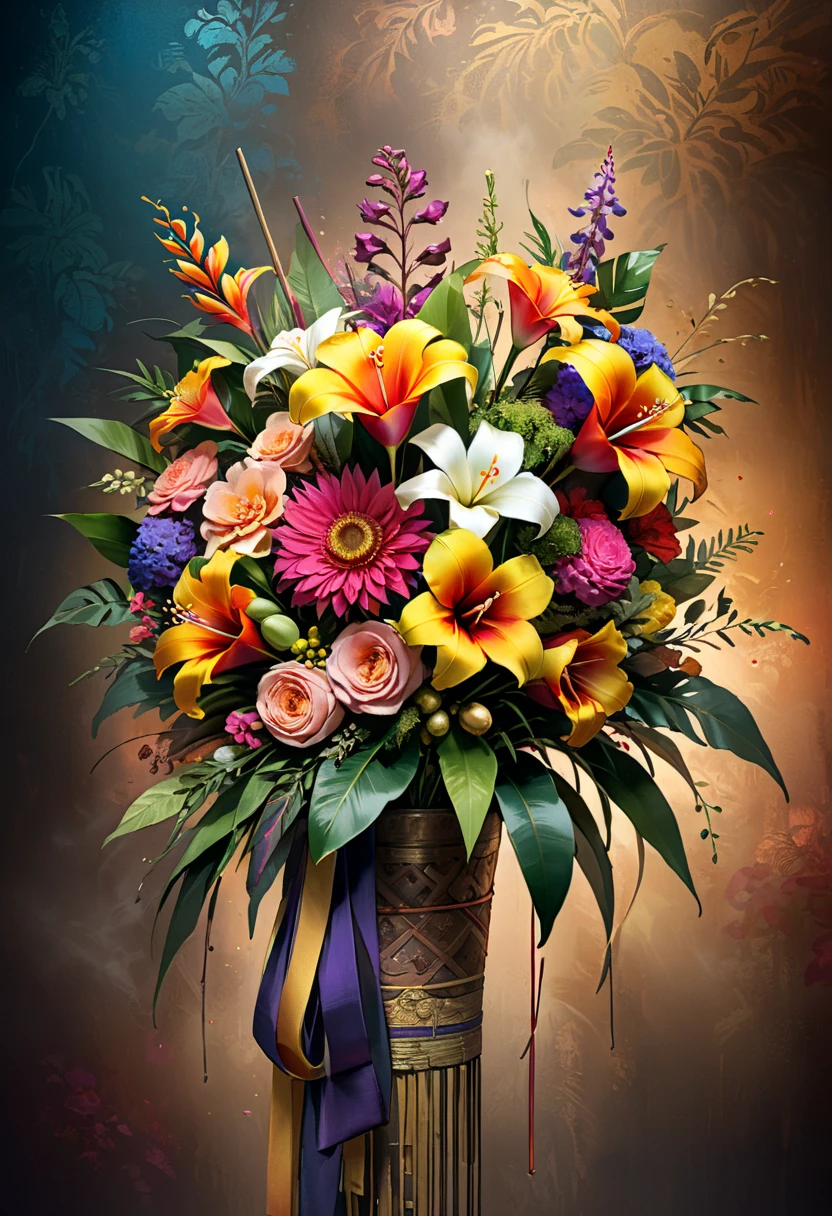  Flower Bouquet ,  Exotic Flowers , Bright Wrap , complex textures, bright colors, masterpiece, 8 k,  best quality ,  Smoky Background with Incense,  Dim Lighting , masterpiece,