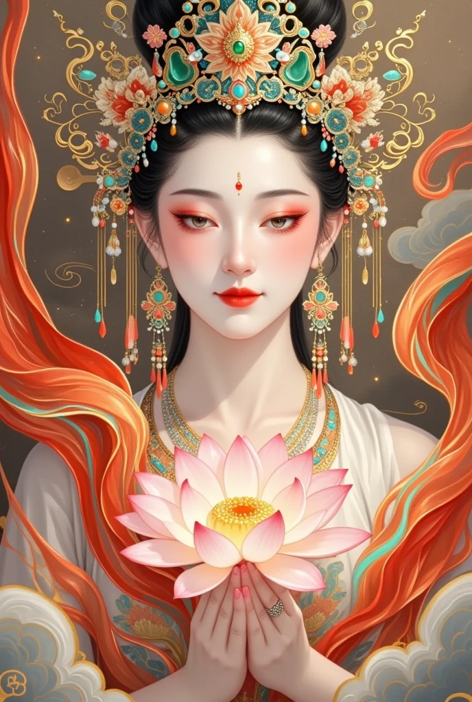 Flying，flowing red silk， A beautiful goddess with a golden cloud and sky background,Portrait of a very beautiful girl，Statue of Tara Bodhisattva ， red eyeshadow， red face ，Red lips，，front， skin details ，Fine hair。Crown(Dot emerald +Cloisonne+ filigree enamel+flower+pearl+tassel)， upper body , 手持莲flower .  fair skin ,  is surrounded by clouds， with a golden halo on her face .((( red silk streamer)))
golden fantasy 。