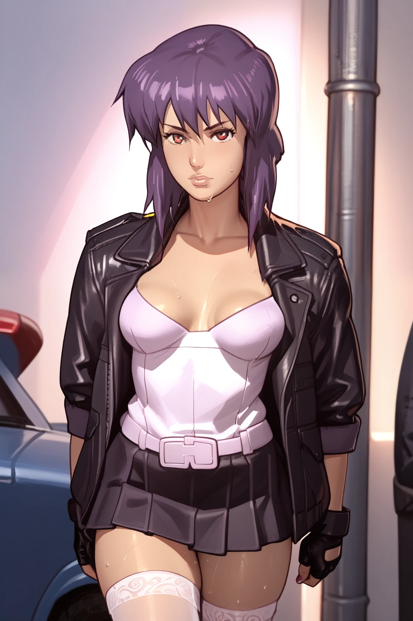 NSFW render of motoko kusanagi hentai scenes. motoko is alone in a dark and wet parking garage. she is wearing her tan military dress uniform. tan jacket, white undershirt, red dit, skirt, pantyhose. . author: (fossa666:1.5)r (taran fiddler:1.5),\ (pixel sketcher:1.4) masterpiece, detailed Bonifasko lighting, [crepuscular ray], best details, real life, depth of field, detailed backgrounddim lighting, flashlight lighting, solo, . . ,female, (motoko kusanagi ), (\), ,, (motoko kusanagi:1.2), seductive walk, femme, genitals, , medium breasts, clear details, (, realistic sweaty skin textures, translucent body, you can see under her skin, , ,s, stand alone complex, various poses, ,, gloves, stockings, 1girl, one girl, 1girl, solo, 
