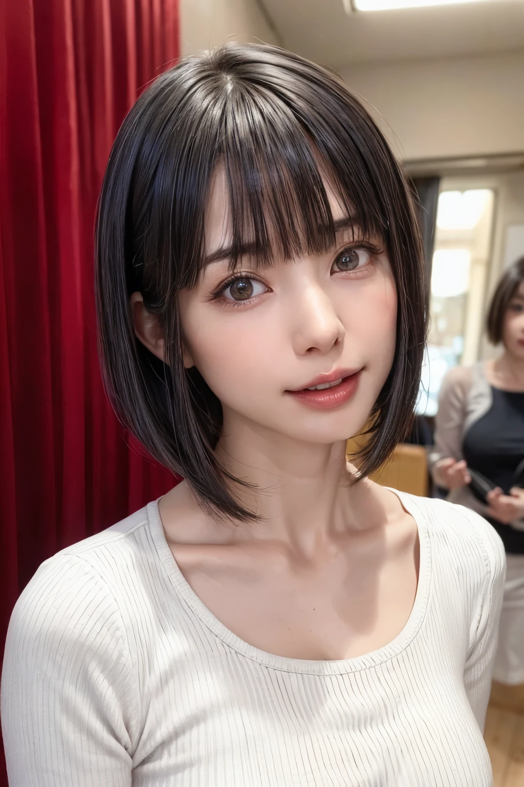 ((masterpiece)), ((Highest quality)), ((Complex)), ((Surreal)), (Realistic), (Mature Woman), ((There are no classes)), Very detailed, (1 female), Beautiful and exquisite, (Beautiful Teeth), Grin, Brunette Bob Hair, Brown eyes, ((blouse)), (Upper Body), (background:none), Perfect Eyes, Captivating eyes, Looking at the audience