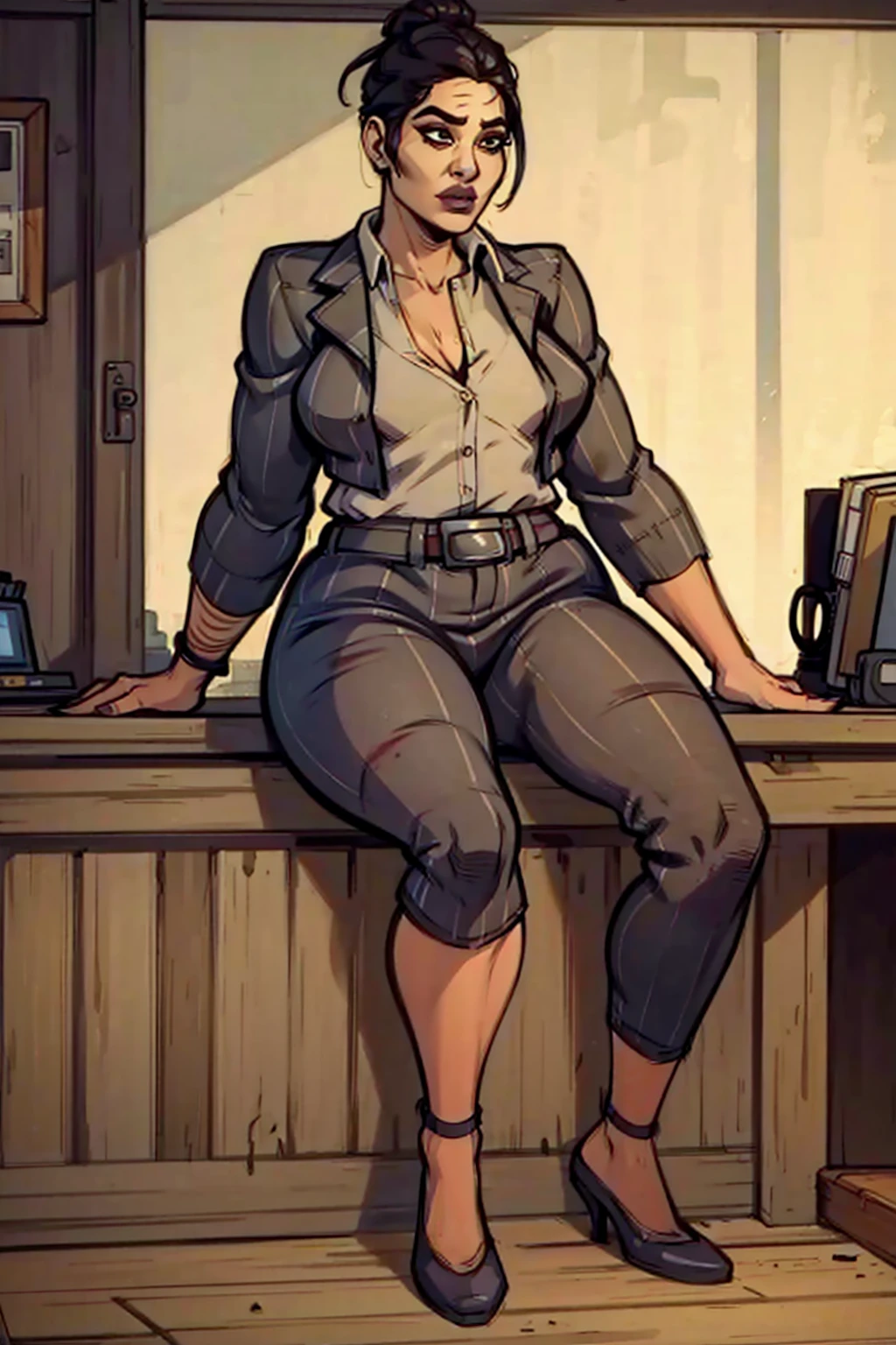 Digital art, highly detailed, angled view, sexy sitting pose, mature woman, adult female, plump figure, whole body, form-fitting, Jane Romero (Dead by Daylight game) inspired costume, pinstriped blazer, blouse, belt, pinstriped baggy pants that ends above the ankle, belt, flat office heels, 1woman, solo, upper body, lower body, ((Extremely Detailed)), ((Best Quality)), ((Masterpiece)), ((4k)).
