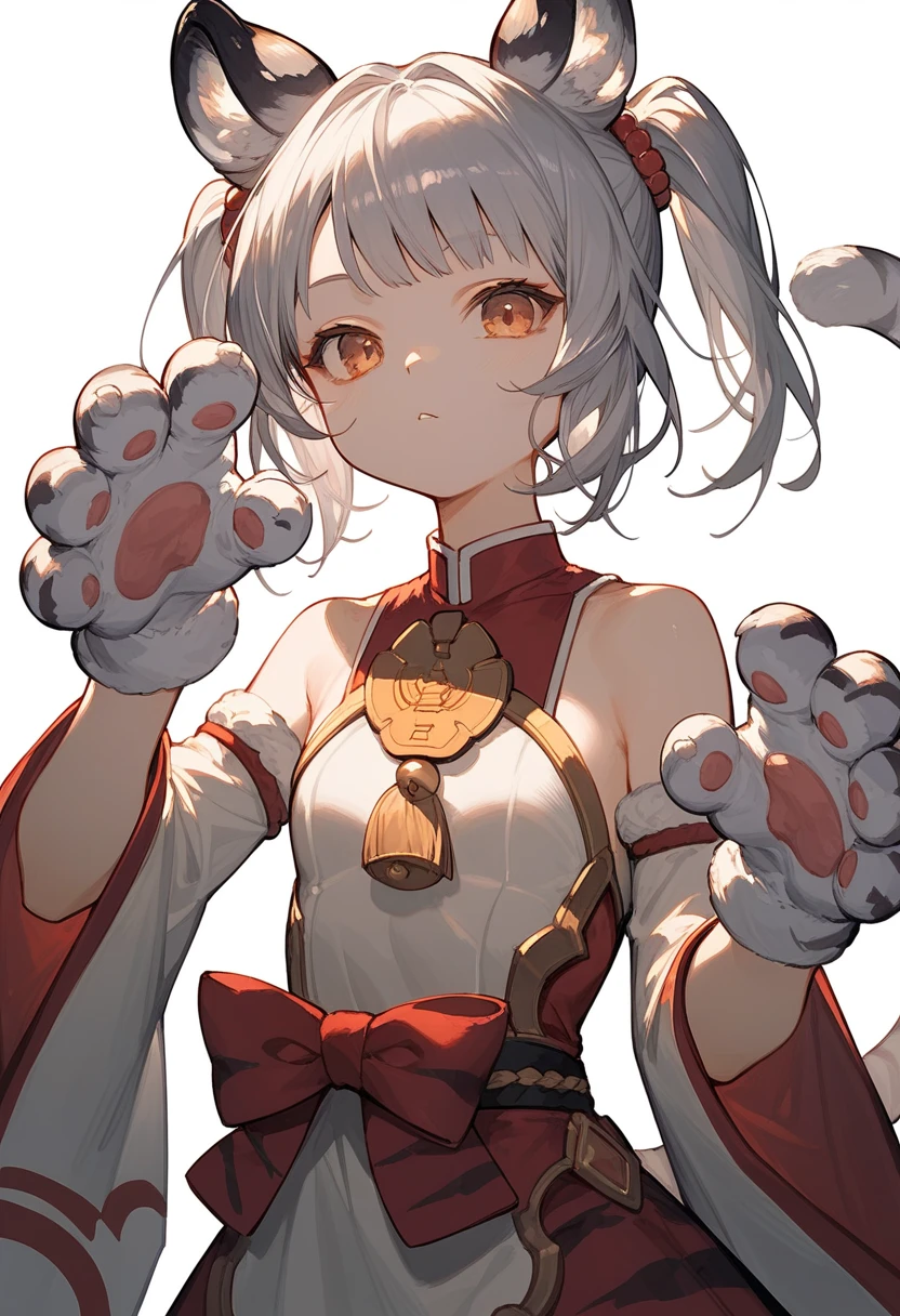 Masterpiece, 1girl,solo,bai and huang, animal ears,silver hair,small breasts,dress,bare shoulders,wide sleeves,sleeveless,hands up,animal hands,tiger paws,white fur, white background, simple background, upper body, light theme, score_9,score_8_up,score_7_up,score_6_up,