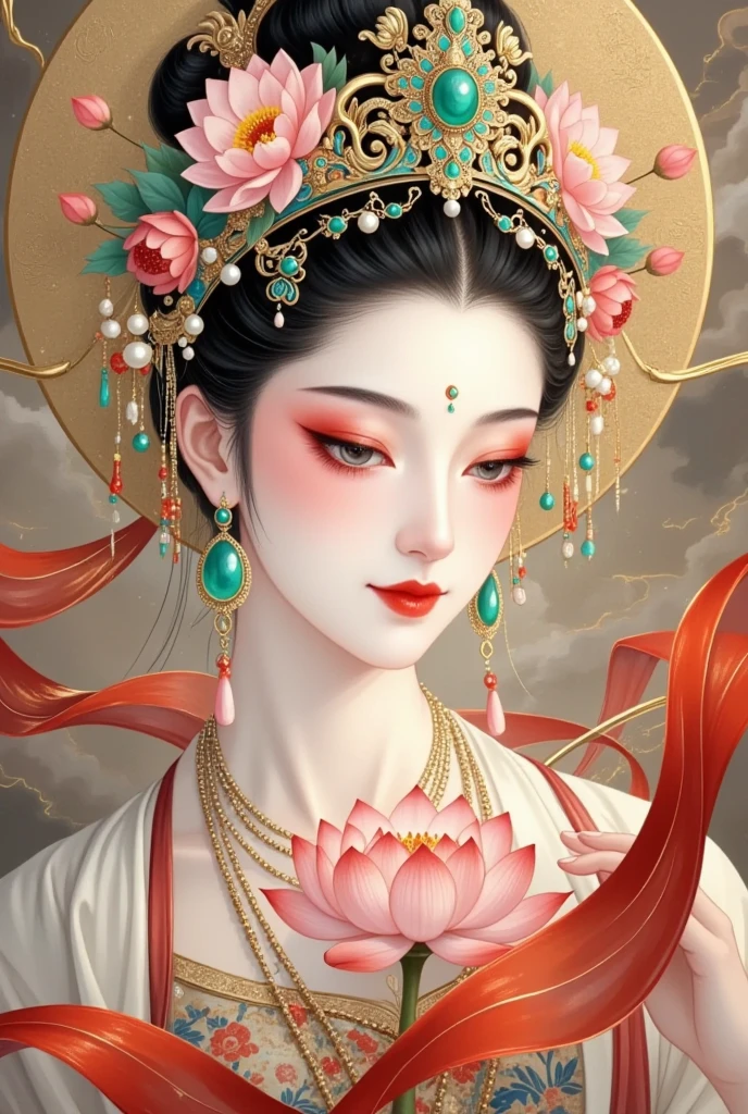 Flying，Red ribbon。flowing red silk， A beautiful goddess with a background of golden clouds and sky,Portrait of a very beautiful girl，Statue of Tara Bodhisattva ， red eyeshadow， red face ，Red lips，，front， skin details ，Fine hair。Crown(Dot emerald +Cloisonne+ filigree enamel+flower+pearl+tassel)， upper body , 手持莲flower .  fair skin , Surrounded by clouds ， with a golden halo on her face .(((Red Silk Streamer )))
