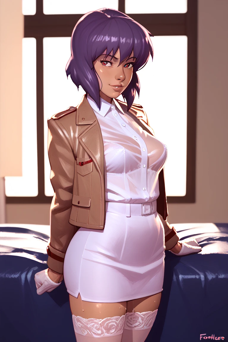 NSFW render of motoko kusanagi hentai scenes. motoko is alone in a dark and wet parking garage. she is wearing her tan military dress uniform. tan jacket, white undershirt, red dit, skirt, pantyhose. . author: (fossa666:1.5)r (taran fiddler:1.5),\ (pixel sketcher:1.4) masterpiece, detailed Bonifasko lighting, [crepuscular ray], best details, real life, depth of field, detailed backgrounddim lighting, flashlight lighting, solo, . . ,female, (motoko kusanagi ), (\), ,, (motoko kusanagi:1.2), seductive walk, femme, genitals, , medium breasts, clear details, (, realistic sweaty skin textures, translucent body, you can see under her skin, , ,s, stand alone complex, various poses, ,, gloves, stockings, 1girl, one girl, 1girl, solo, 
