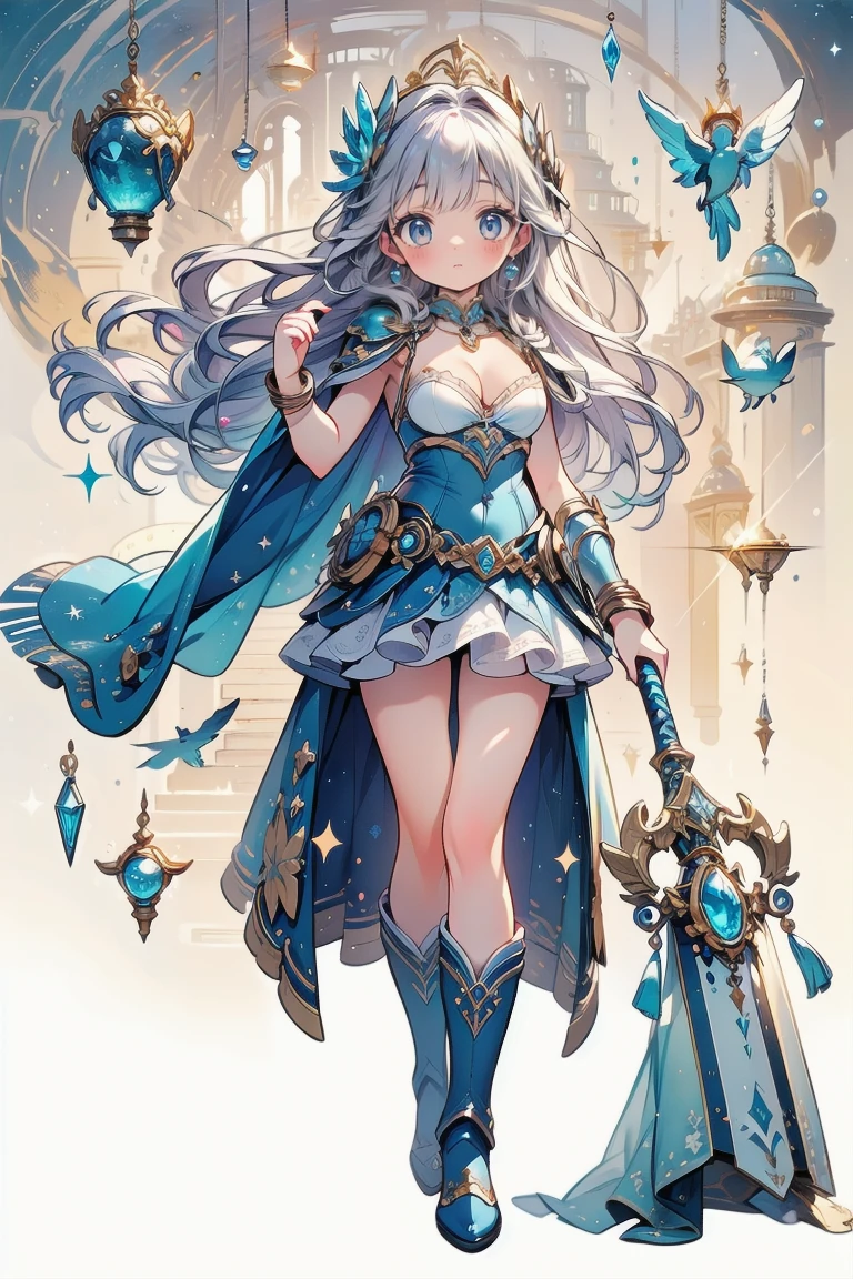  A young and beautiful woman,(  best quality , Extremely Precise Depiction ,Incredibly high resolution, anatomically accurate depiction ,Curvy Legs),( GROWING SKIN, GROWING SKIN),( Female Swordsman with Noble Vibes),(Blue Armor ,Blue Boots,Metal Embroidery ,Transparent gemstones and precious metals decoration, Exquisite Armor Details ,Holy Sword, Valkyrie Helmet ,Cape,  white tights  ),( blue eyes,Half-open eyes:1.3,Shadowy Face,lipstick,There is cleavage in the chest,Cool Look), eyelash , luxury accessories , earrings for a woman alone, Necklaces ,bracelet,upright posture