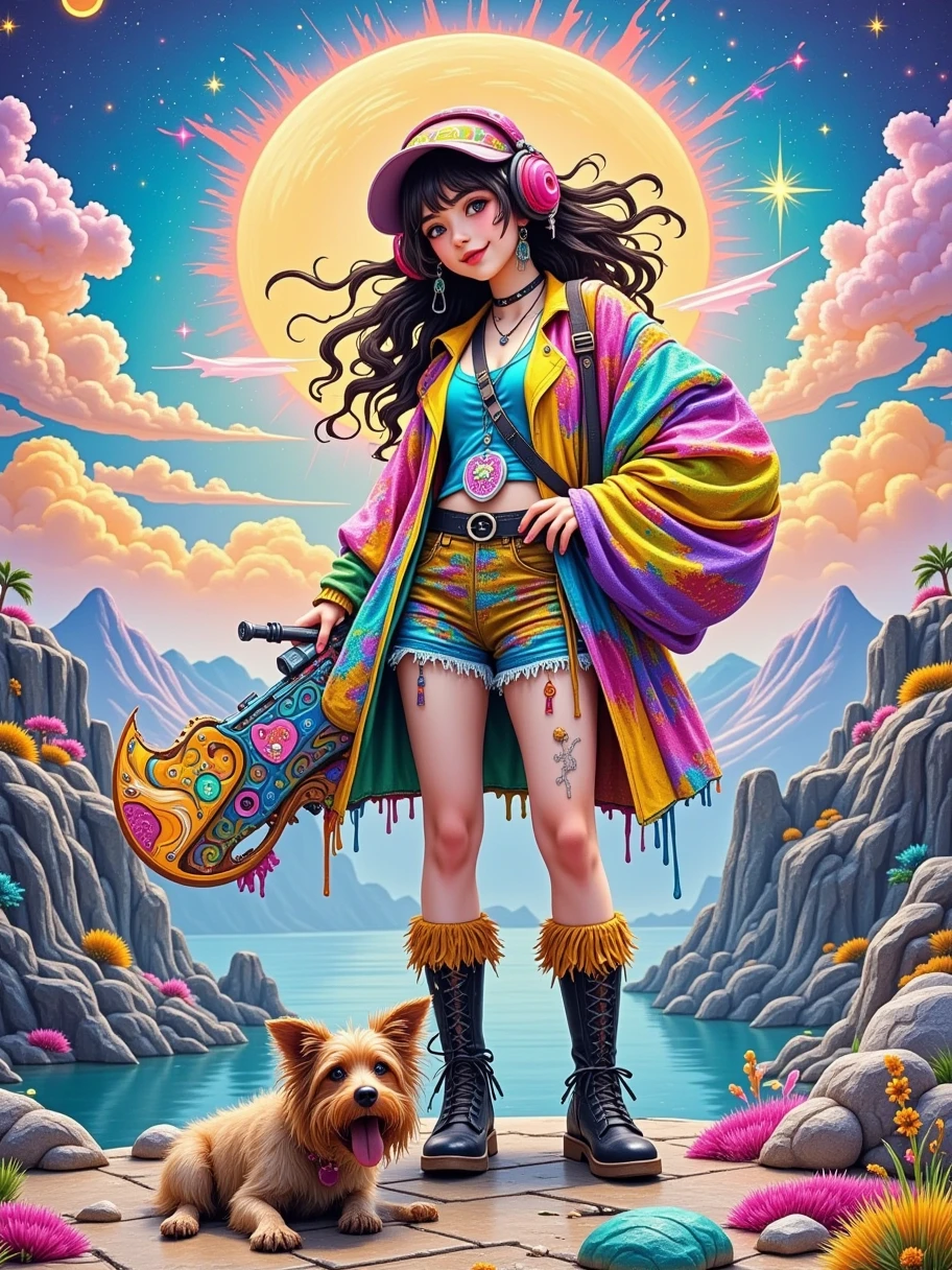 A large watercolor painting by Damien Hirst, showcasing kinetic art with an S-curve composition. The dynamic scene features an edgy, anarchic female explorer standing confidently atop a rocky outcrop in a post-apocalyptic landscape. Adorned in a patchwork of vibrant, mismatched clothing and eclectic accessories, her fierce and unapologetic energy radiates throughout the piece. Her wild hair, streaked with bold colors, flows in the wind as she surveys the desolate terrain filled with remnants of a once-thriving city. In one hand, she holds a quirky, steampunk-inspired weapon adorned with graffiti and colorful stickers, reflecting her punk spirit. At her feet, a scruffy dog with a mischievous glint in its eye eagerly, conceptual art, vibrant, poster, illustration