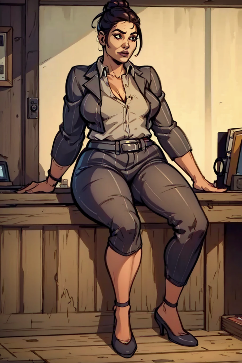 Digital art, highly detailed, angled view, sexy sitting pose, mature woman, adult female, plump figure, whole body, form-fitting, Jane Romero (Dead by Daylight game) inspired costume, pinstriped blazer, blouse, belt, pinstriped baggy pants that ends above the ankle, belt, flat office heels, 1woman, solo, upper body, lower body, ((Extremely Detailed)), ((Best Quality)), ((Masterpiece)), ((4k)).
