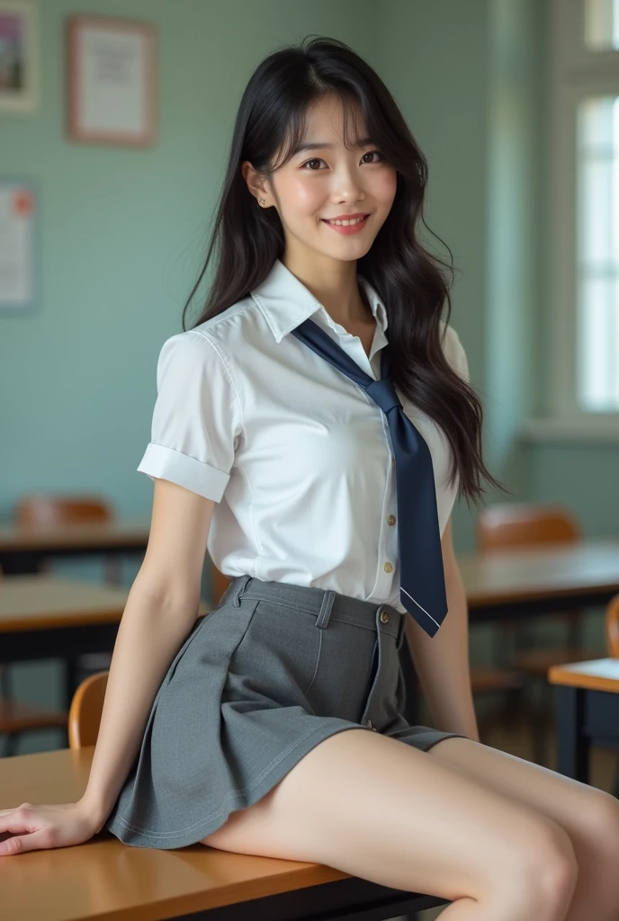 Photo Real、photoRealstic A dark-haired、Straight hair、shorth hair、Very short hair with round face、drooing eyes、Laugh so hard that you can't see it、Open mouth and laugh out loud、Narrow-eyed、no-makeup、Suppin hi-school girl、sixteen years old、skinny body、muscular body、Soft thighs、large full breasts、vaginal、clit、Female genitals、japanes、full body Esbian、Very flexible body 校服、White shirt、Navy blue ribbon、Navy blue skirt、Very short skirt、The whole body gets wet with sweat Legs open pose、Pose like a gymnast、One leg standing pose、Poses that express the softness of the body、Legs on the head、Stretch your knees、Unbending knees、Show off your crotch、Exposed crotch、Have fun、Very smiling Background with、Classroom、window、chalk board