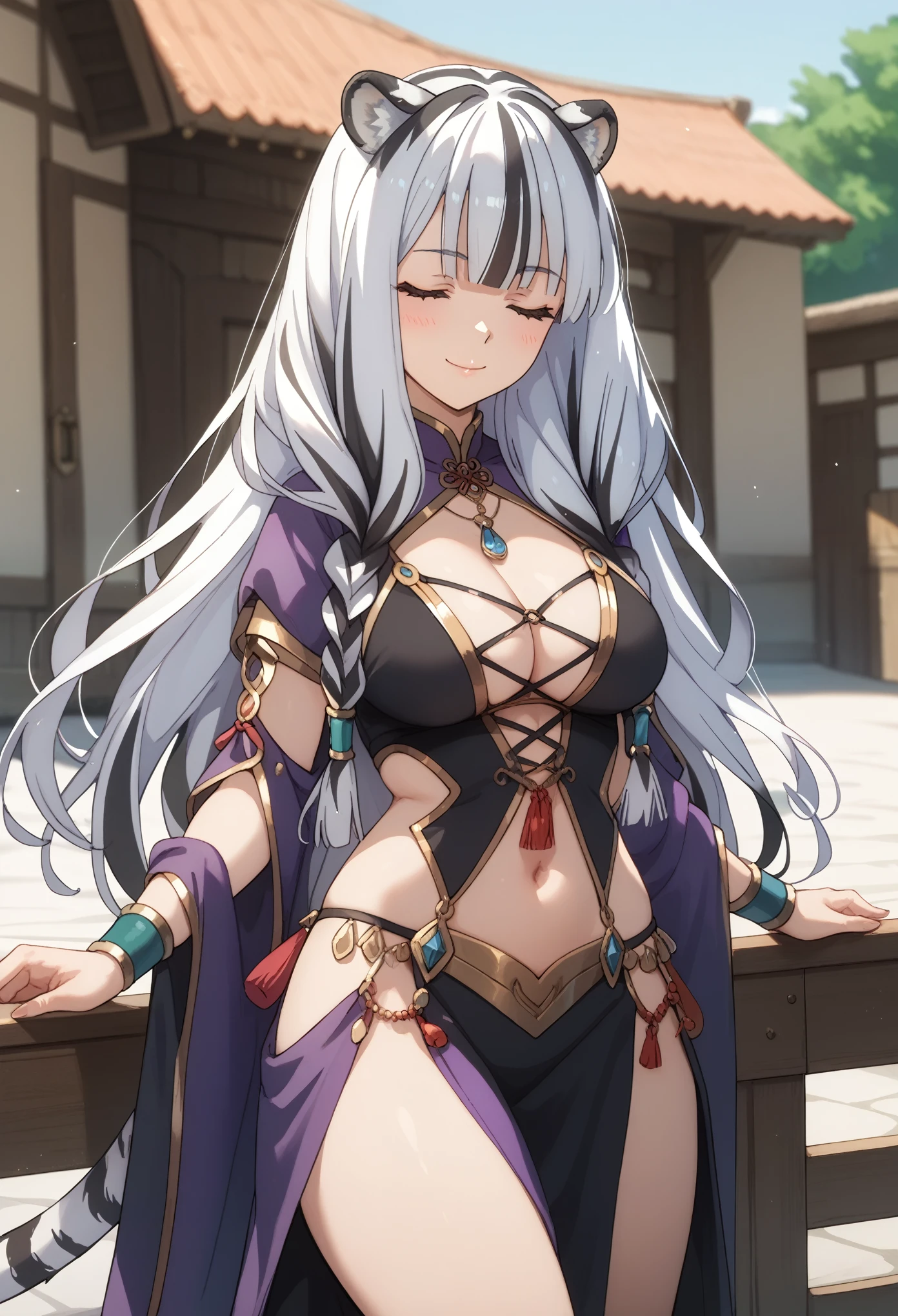 ((masterpiece)), anime style, 1girl, solo, long hair, white tiger ears, white tiger tail, closed eyes, Arabic outfit, purple outfit, black outfit, multicolored outfit, revealing outfit, white hair, two-tone hair, milf, 32 years old, medieval clothes, front view, looking at viewer, blush, smile, open stomach area, queen.