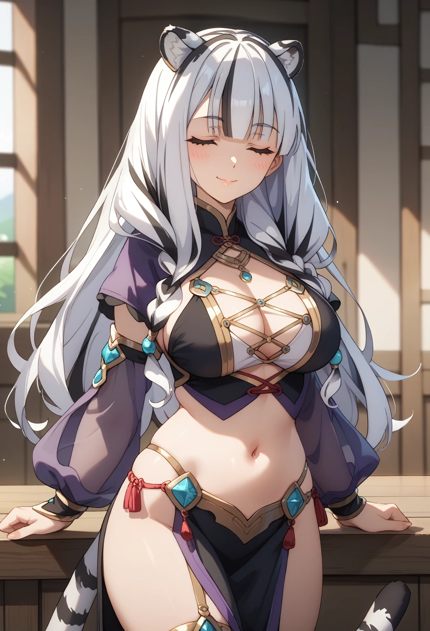 ((masterpiece)), anime style, 1girl, solo, long hair, white tiger ears, white tiger tail, closed eyes, Arabic outfit, purple outfit, black outfit, multicolored outfit, revealing outfit, white hair, two-tone hair, milf, 32 years old, medieval clothes, front view, looking at viewer, blush, smile, open stomach area.