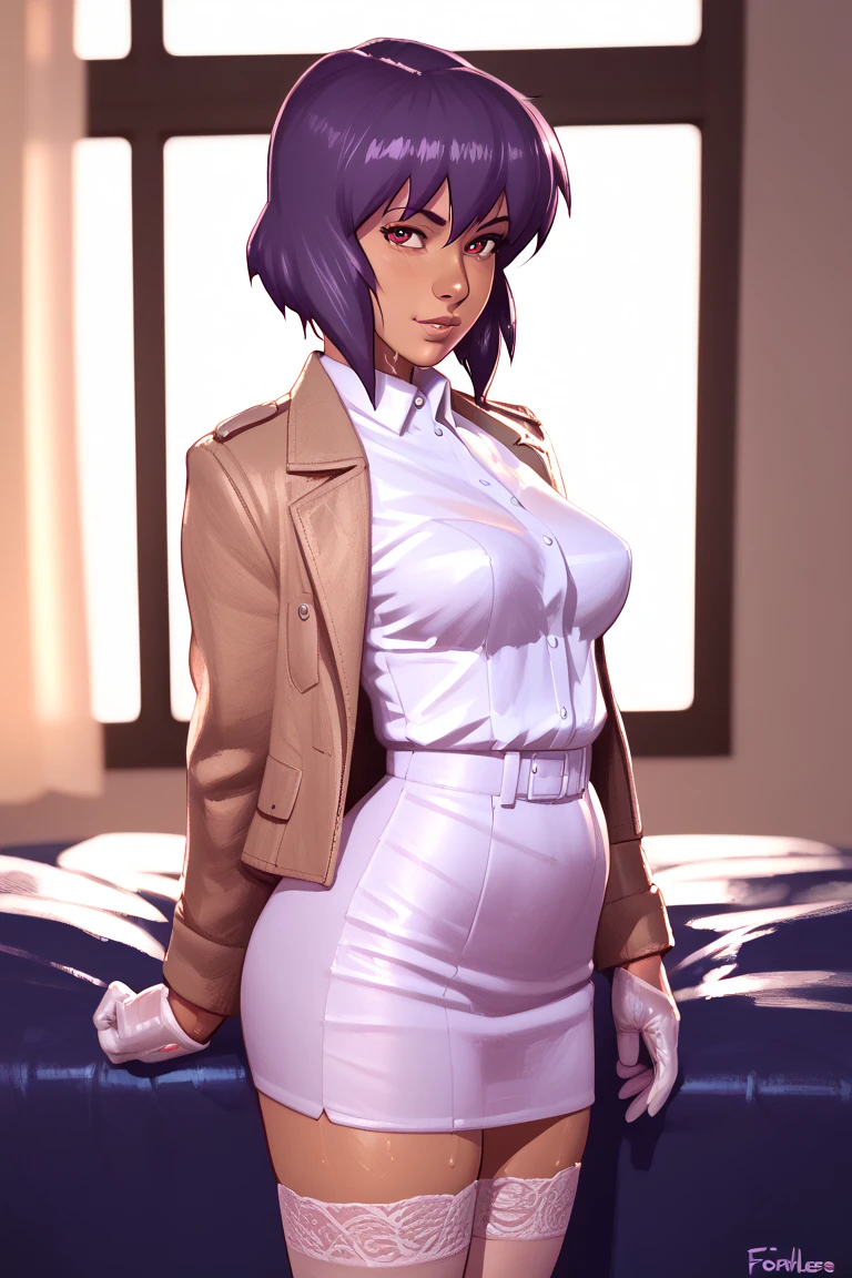 NSFW render of motoko kusanagi hentai scenes. motoko is alone in a dark and wet parking garage. she is wearing her tan military dress uniform. tan jacket, white undershirt, red dit, skirt, pantyhose. . author: (fossa666:1.5)r (taran fiddler:1.5),\ (pixel sketcher:1.4) masterpiece, detailed Bonifasko lighting, [crepuscular ray], best details, real life, depth of field, detailed backgrounddim lighting, flashlight lighting, solo, . . ,female, (motoko kusanagi ), (\), ,, (motoko kusanagi:1.2), seductive walk, femme, genitals, , medium breasts, clear details, (, realistic sweaty skin textures, translucent body, you can see under her skin, , ,s, stand alone complex, various poses, ,, gloves, stockings, 1girl, one girl, 1girl, solo, 
