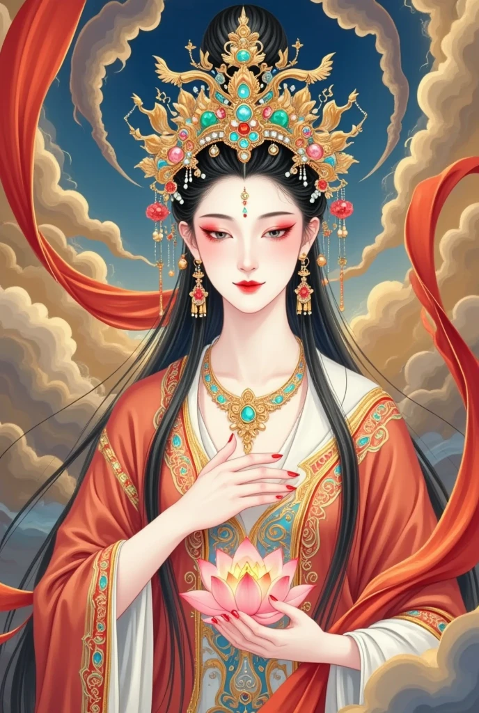 Flying，Red ribbon。flowing red silk， A beautiful goddess with a background of golden clouds and sky,Portrait of a very beautiful girl，Statue of Tara Bodhisattva ，Avalokitesvara。 red eyeshadow， red face ，Red lips，，front， skin details ，Fine hair。Crown(Dot emerald +Cloisonne+ filigree enamel+flower+pearl+tassel)， upper body , 手持莲flower .  fair skin , Surrounded by clouds ， with a golden halo on her face .(((Red Silk Streamer )))
