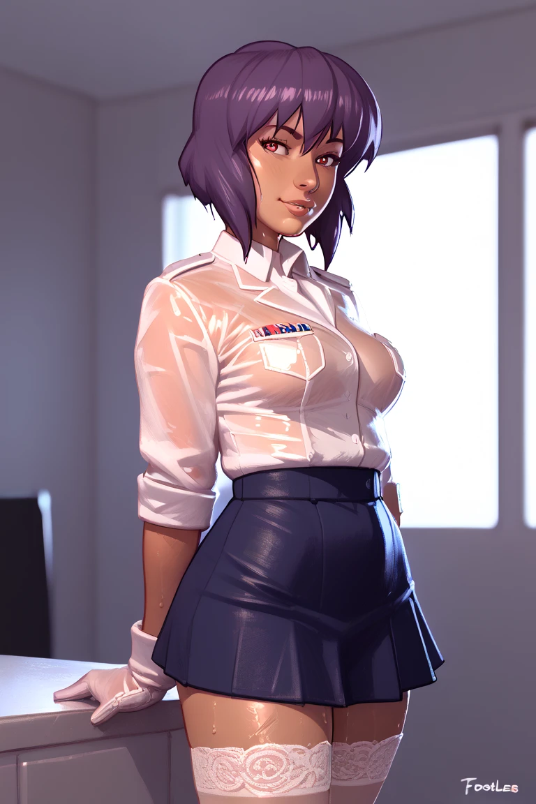 NSFW render of motoko kusanagi hentai scenes. motoko is alone in a dark and wet parking garage. she is wearing her tan military dress uniform. tan jacket, white undershirt, red dit, skirt, pantyhose. . author: (fossa666:1.5)r (taran fiddler:1.5),\ (pixel sketcher:1.4) masterpiece, detailed Bonifasko lighting, [crepuscular ray], best details, real life, depth of field, detailed background ; dim lighting, flashlight lighting, solo, . . ,female, (motoko kusanagi ), (\), ,, (motoko kusanagi:1.2), seductive walk, femme, genitals, , medium breasts, clear details, (, realistic sweaty skin textures, translucent body, you can see under her skin, , ,s, stand alone complex, various poses, ,, gloves, stockings, 1girl, one girl, 1girl, solo, 
