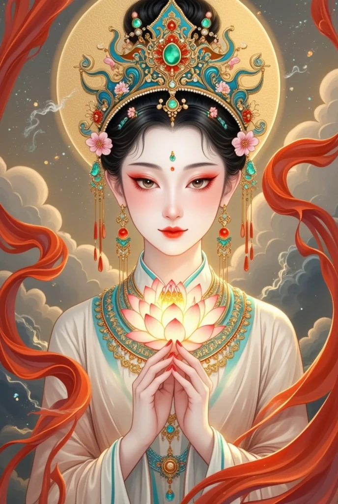 Flying，flowing red silk， A beautiful goddess with a golden cloud and sky background,Portrait of a very beautiful girl，Statue of Tara Bodhisattva ， red eyeshadow， red face ，Red lips，，front， skin details ，Fine hair。Crown(Dot emerald +Cloisonne+ filigree enamel+flower+pearl+tassel)， upper body , 手持莲flower .  fair skin ,  is surrounded by clouds， with a golden halo on her face .(((Red Silk Streamer )))
golden fantasy 。Glowing particles。