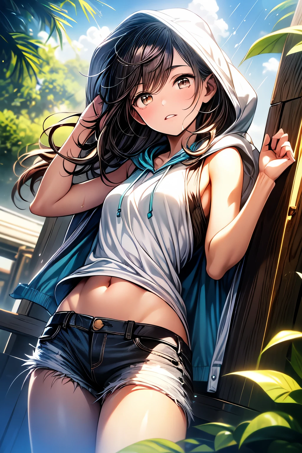 1girl, sad, head tilt, beautiful face, toned arms, hand in hair, small breasts, swept bangs, long sidelocks, brown hair, very long hair, hair blowing in wind, brown eyes, looking down, teal hoodie, sleeveless hoodie, jean shorts, hood up, dusk, clouds, tropical plants, raining, hair blowing in wind, sweat, ( better quality , high resolution), oil painting:1.1, ( vibrant colors, Soft lighting), (detailed eyes, Detailed lips ).
