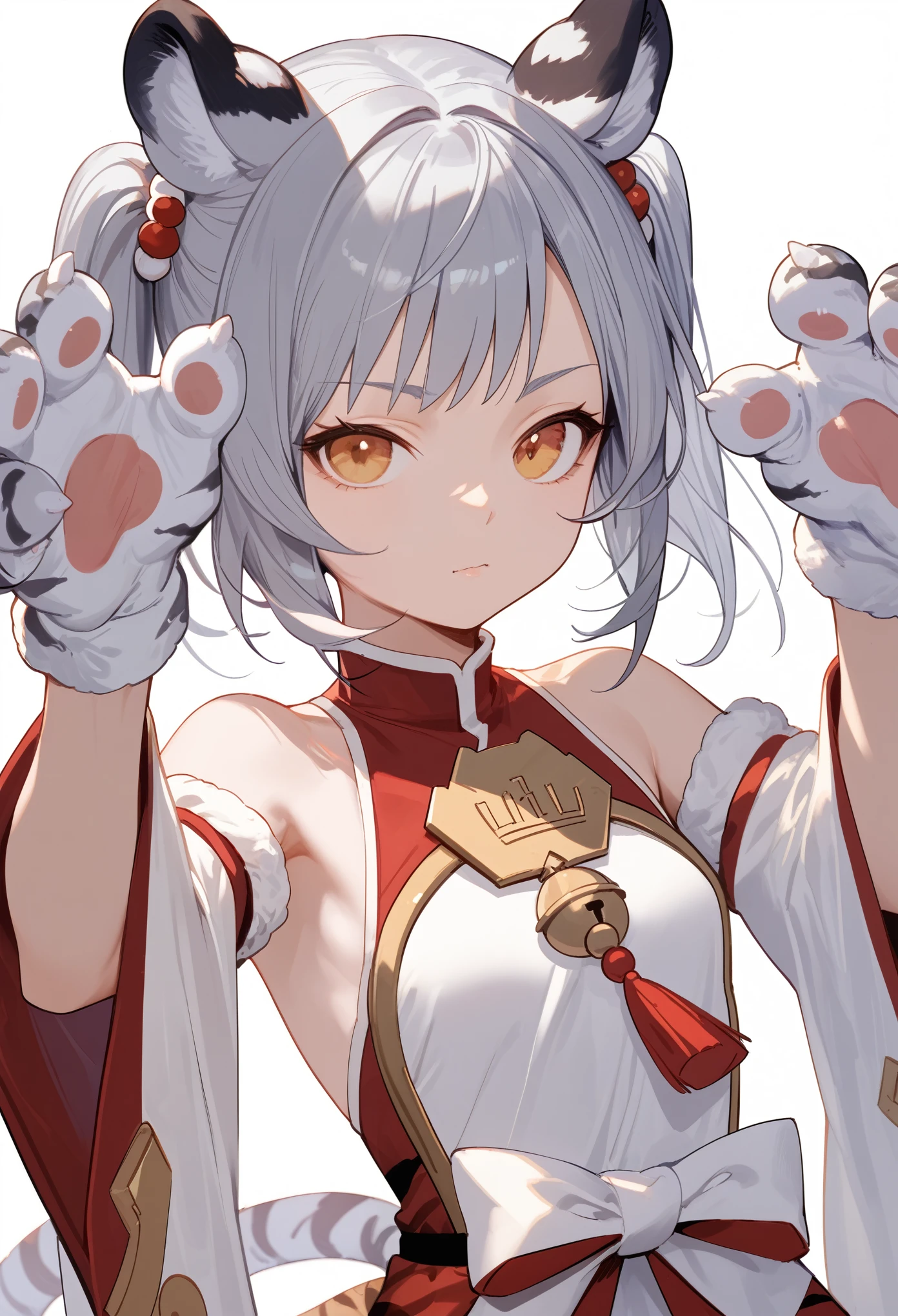 Masterpiece, 1girl,solo,bai and huang, animal ears,silver hair,small breasts,dress,bare shoulders,wide sleeves,sleeveless,hands up,animal hands,tiger paws,white fur, white background, simple background, upper body, score_9,score_8_up,score_7_up,score_6_up,