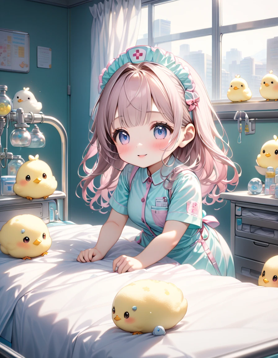 (masterpiece, ultra-detailed, best quality, clear focus, dramatic scene, cinematic), shadow, (ultra-high resolution, 8k), perfect anatomy, perfect face, (detailed face, detailed eye, chibi), cute Japanese chibi girl, famous Japanese chibi idol, very beautiful and cute and cool face, she is a patient, (wearing a pastel colored patient's outfit:1.3), (very large breasts), (She lying on the bed as a patient in the hospital room:1.3), (with many chicks), (detailed chicks:1.3), slight smile, there are many kind of medical instruments in the hospital room, window and curtain, there are chickens and chicks every where, there is a cute nurse taking care of her, giant cat is mewing, elephant, ostrich, giant snail, they look so happy