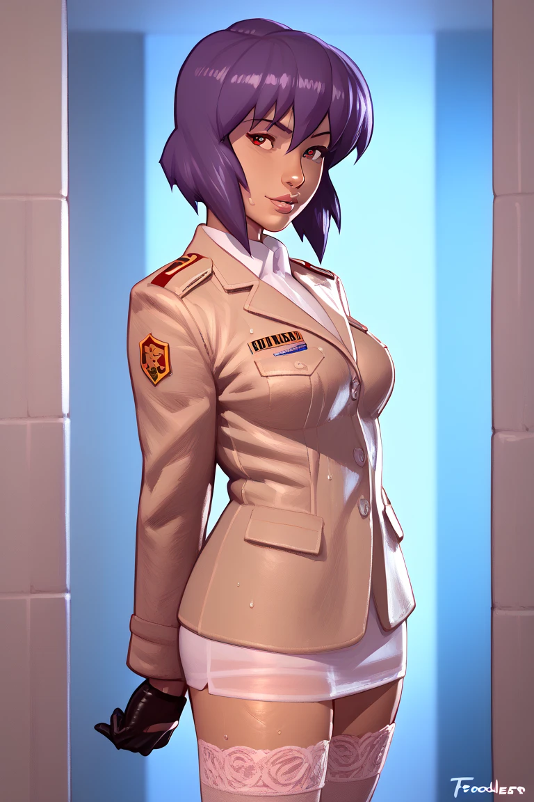 NSFW render of motoko kusanagi hentai scenes. motoko is alone in a dark and wet parking garage. she is wearing her tan military dress uniform. tan jacket, white undershirt, red dit, skirt, pantyhose. . author: (fossa666:1.5)r (taran fiddler:1.5),\ (pixel sketcher:1.4) masterpiece, detailed Bonifasko lighting, [crepuscular ray], best details, real life, depth of field, detailed background ; dim lighting, flashlight lighting, solo, . . ,female, (motoko kusanagi ), (\), ,, (motoko kusanagi:1.2), seductive walk, femme, genitals, , medium breasts, clear details, (, realistic sweaty skin textures, translucent body, you can see under her skin, , ,s, stand alone complex, various poses, ,, gloves, stockings, 1girl, one girl, 1girl, solo, 
