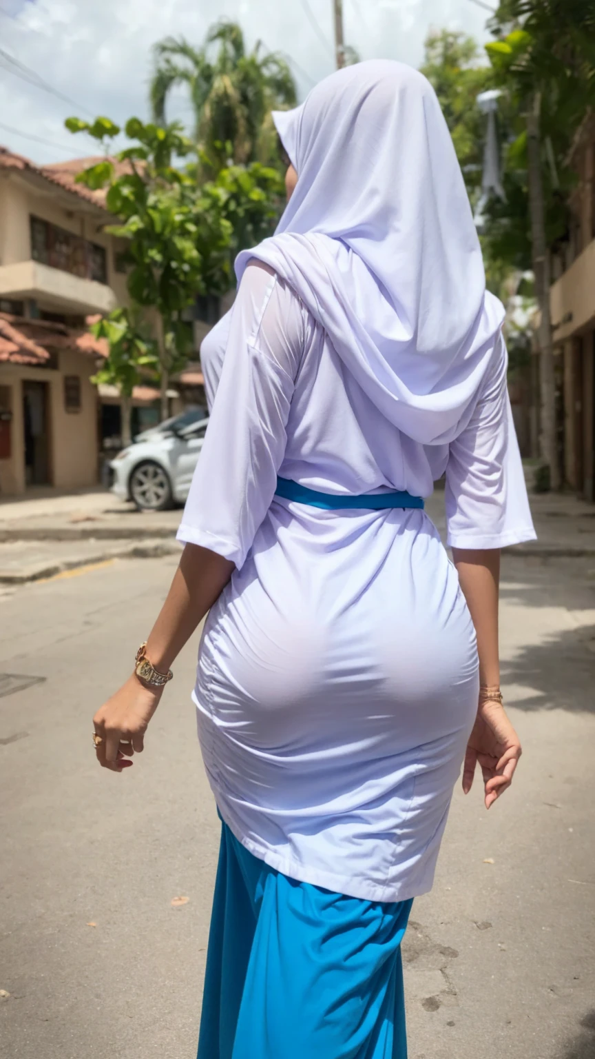 1 malay woman in hijab,((wear tight white baju kurung, blue micro skirt, short microskirt, miniskirt, thigh high socks)),(big buttocks), big round ass, Small chest, laughing smile, (hijab flying), de pele branca,big breasts thin waist, mexico-style street, Hyper-Realism, Cinematic lighting, depth of fields, From back below, vanishing point, F/2.8,  Anatomically correct, Textured skin, Super Detail, awardwinning, Best Quality, hight resolution,