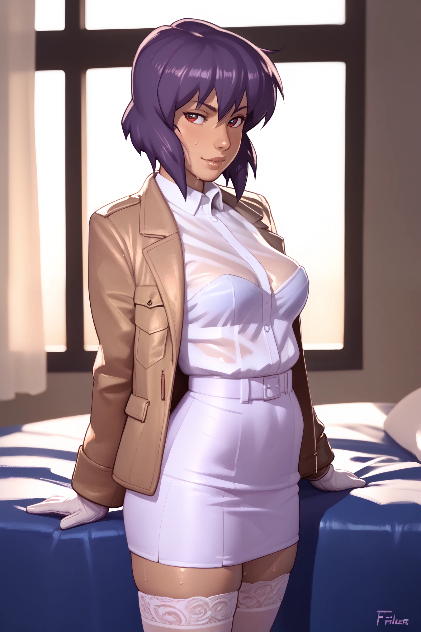 NSFW render of motoko kusanagi hentai scenes. motoko is alone in a dark and wet parking garage. she is wearing her tan military dress uniform. tan jacket, white undershirt, red dit, skirt, pantyhose. . author: (fossa666:1.5)r (taran fiddler:1.5),\ (pixel sketcher:1.4) masterpiece, detailed Bonifasko lighting, [crepuscular ray], best details, real life, depth of field, detailed backgrounddim lighting, flashlight lighting, solo, . . ,female, (motoko kusanagi ), (\), ,, (motoko kusanagi:1.2), seductive walk, femme, genitals, , medium breasts, clear details, (, realistic sweaty skin textures, translucent body, you can see under her skin, , ,s, stand alone complex, various poses, ,, gloves, stockings, 1girl, one girl, 1girl, solo, 
