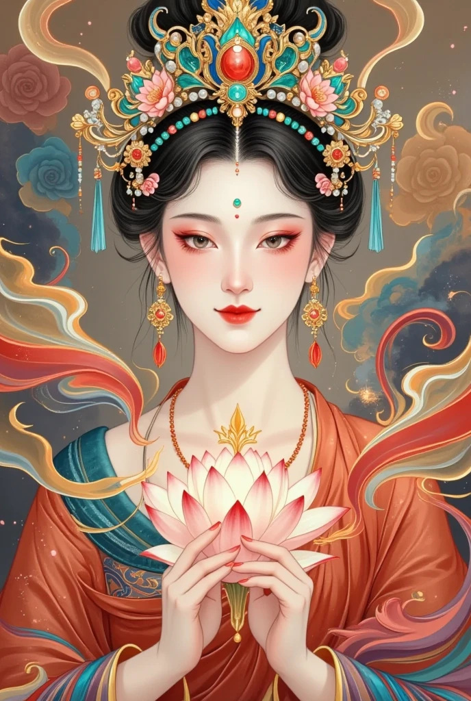 Flying，flowing red silk， A beautiful goddess with a golden cloud and sky background,Portrait of a very beautiful girl，Statue of Tara Bodhisattva ， red eyeshadow， red face ，Red lips，，front， skin details ，Fine hair。Crown(Dot emerald +Cloisonne+ filigree enamel+flower+pearl+tassel)， upper body , 手持莲flower .  fair skin ,  is surrounded by clouds， with a golden halo on her face .((( red silk streamer)))
golden fantasy 。Glowing particles。 ray tracing 。