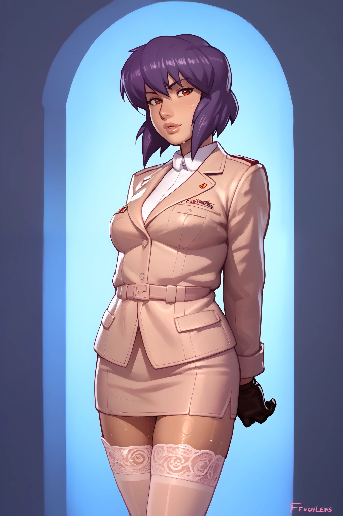 NSFW render of motoko kusanagi hentai scenes. motoko is alone in a dark and wet parking garage. she is wearing her tan military dress uniform. tan jacket, white undershirt, red dit, skirt, pantyhose. . author: (fossa666:1.5)r (taran fiddler:1.5),\ (pixel sketcher:1.4) masterpiece, detailed Bonifasko lighting, [crepuscular ray], best details, real life, depth of field, detailed background ; dim lighting, flashlight lighting, solo, . . ,female, (motoko kusanagi ), (\), ,, (motoko kusanagi:1.2), seductive walk, femme, genitals, , medium breasts, clear details, (, realistic sweaty skin textures, translucent body, you can see under her skin, , ,s, stand alone complex, various poses, ,, gloves, stockings, 1girl, one girl, 1girl, solo, 
