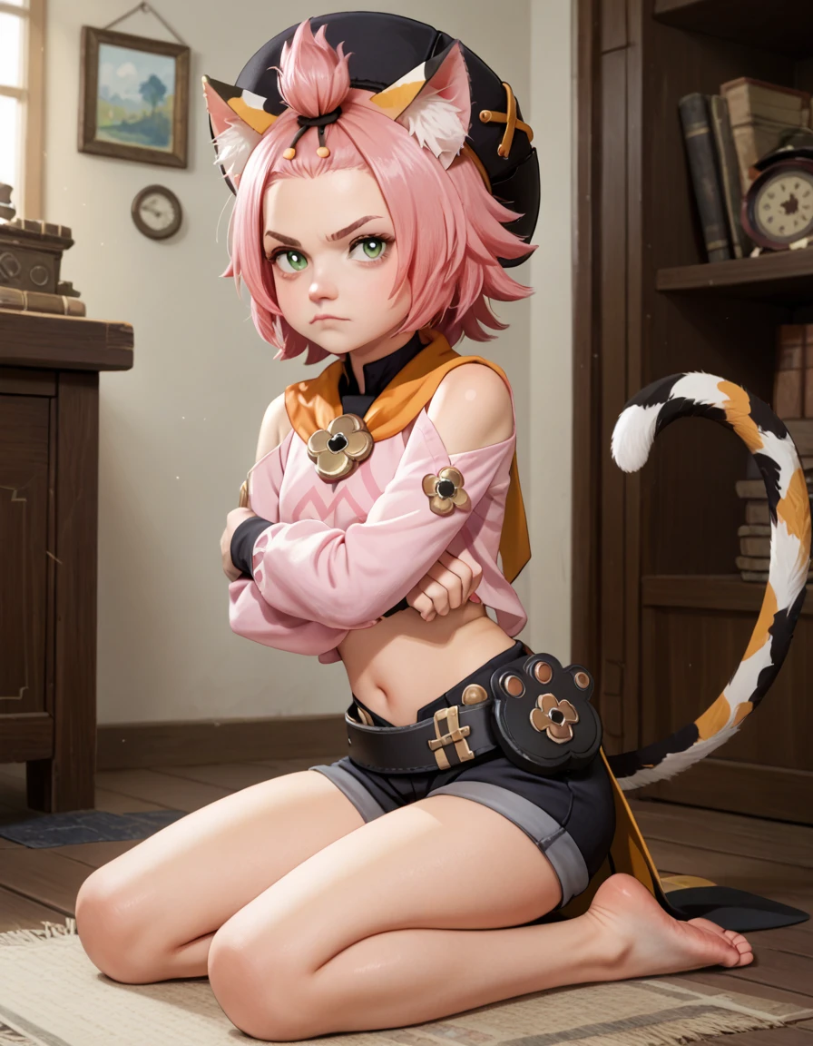 score_9, score_8_up, score_7_up, score_6, source_anime, BREAK diona \(genshin impact\), mngmst_style, 1girl, animal ear fluff, animal ears, annoyed, belt, black shorts, cat ears, cat girl, cat tail, crossed arms, forehead, green eyes, hat, looking at viewer, navel, pink hair, pink shirt, pout, shirt, short hair, shorts, solo, tail, topknot, soles, toes,feet, barefoot,