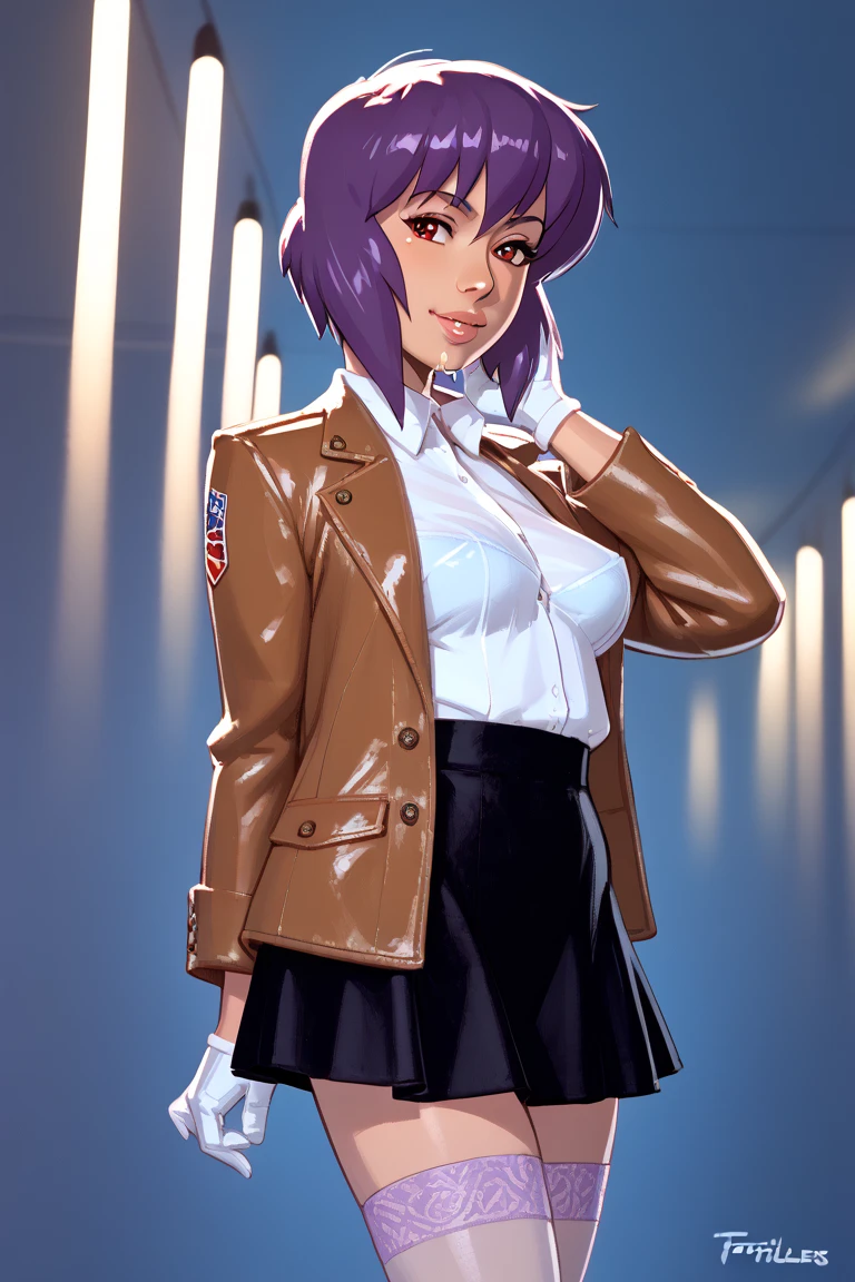 NSFW render of motoko kusanagi hentai scenes. motoko is alone in a dark and wet parking garage. she is wearing her tan military dress uniform. tan jacket, white undershirt, red dit, skirt, pantyhose. . author: (fossa666:1.5)r (taran fiddler:1.5),\ (pixel sketcher:1.4) masterpiece, detailed Bonifasko lighting, [crepuscular ray], best details, real life, depth of field, detailed background ; dim lighting, flashlight lighting, solo, . . ,female, (motoko kusanagi ), (\), ,, (motoko kusanagi:1.2), seductive walk, femme, genitals, , medium breasts, clear details, (, realistic sweaty skin textures, translucent body, you can see under her skin, , ,s, stand alone complex, various poses, ,, gloves, stockings, 1girl, one girl, 1girl, solo, 
