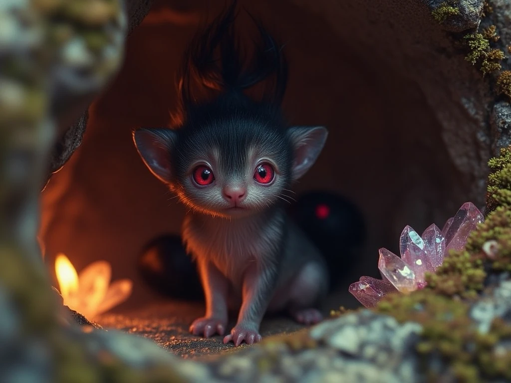 ((masterpiece))  ((Highest quality))  ((photography))  
A cute imaginary baby animal in a small cave, featuring soft, feather-like fur in black and gray tones, three glowing red eyes, two tails, and six small, delicate paws. The creature is nestled in a cozy corner of the cave, surrounded by soft moss and faintly glowing crystals, with a warm, gentle light filtering in to highlight its unique and adorable features.