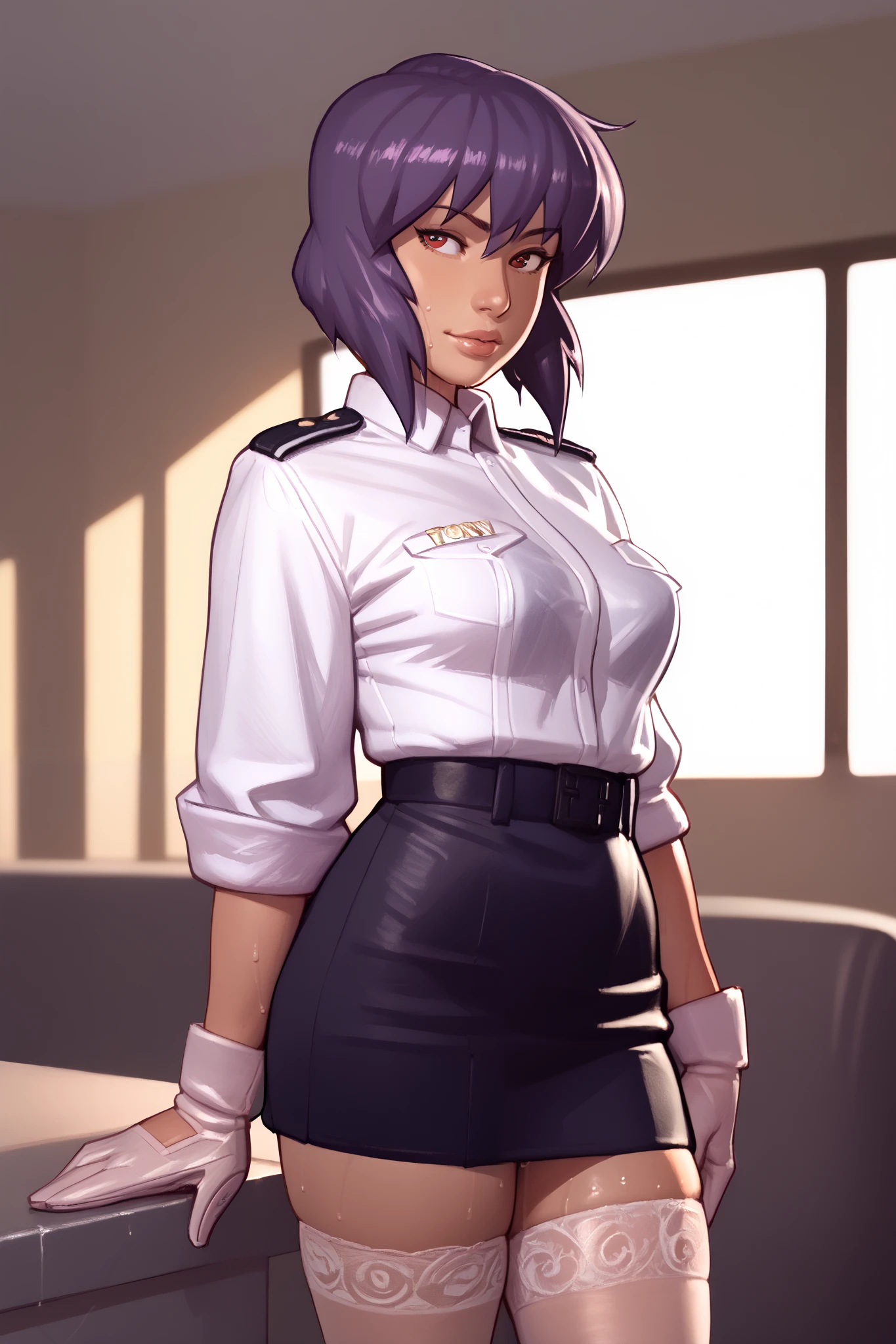 NSFW render of motoko kusanagi hentai scenes. motoko is alone in a dark and wet parking garage. she is wearing her tan military dress uniform. tan jacket, white undershirt, red dit, skirt, pantyhose. . author: (fossa666:1.5)r (taran fiddler:1.5),\ (pixel sketcher:1.4) masterpiece, detailed Bonifasko lighting, [crepuscular ray], best details, real life, depth of field, detailed background ; dim lighting, flashlight lighting, solo, . . ,female, (motoko kusanagi ), (\), ,, (motoko kusanagi:1.2), seductive walk, femme, genitals, , medium breasts, clear details, (, realistic sweaty skin textures, translucent body, you can see under her skin, , ,s, stand alone complex, various poses, ,, gloves, stockings, 1girl, one girl, 1girl, solo, 
