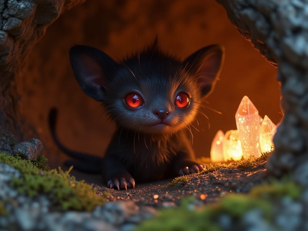 ((masterpiece))  ((Highest quality))  ((photography))  
A cute imaginary baby animal in a small cave, featuring soft, feather-like fur in black and gray tones, three glowing red eyes, two tails, and six small, delicate paws. The creature is nestled in a cozy corner of the cave, surrounded by soft moss and faintly glowing crystals, with a warm, gentle light filtering in to highlight its unique and adorable features.