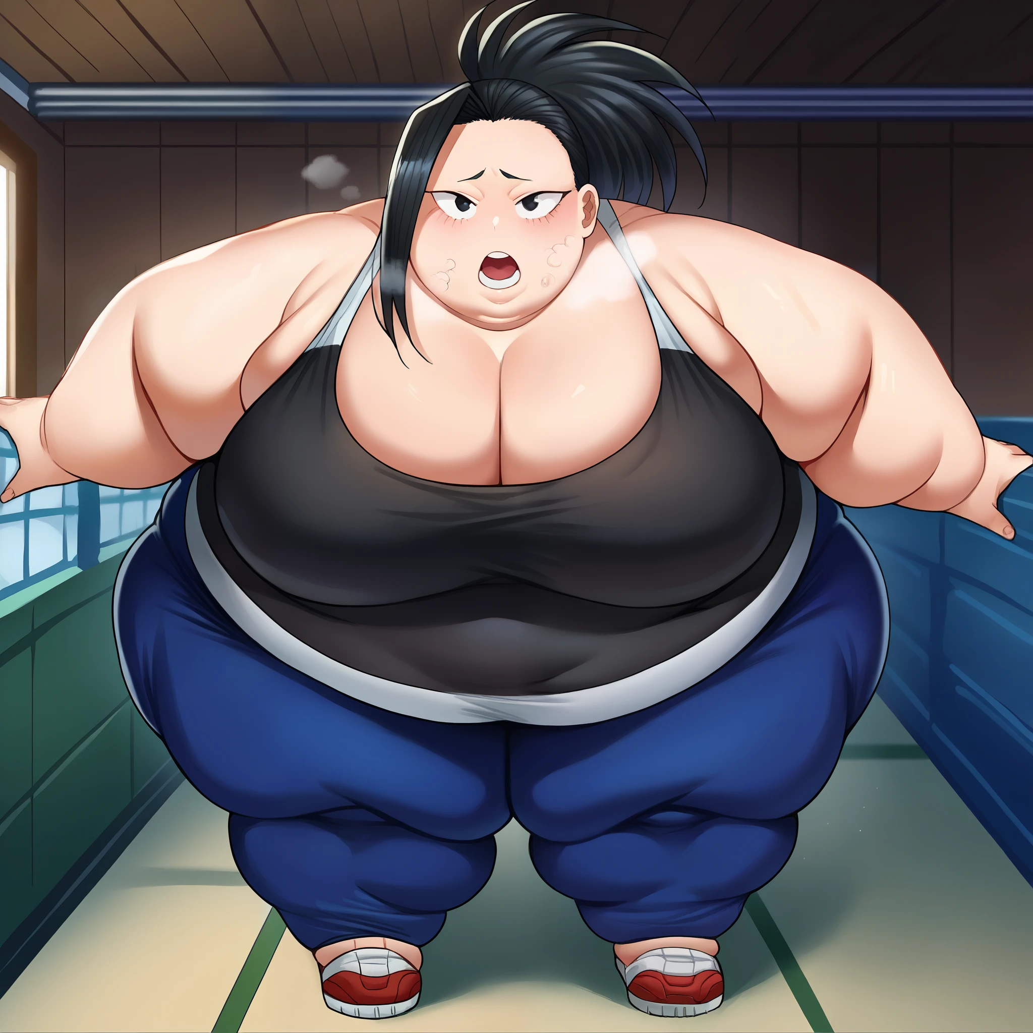 score_9, score_8_up, score_7_up, source_anime,
yaoyorozumomo, black eyes, black hair, ponytail, long hair, hair pulled back,
bare shoulders, pants, black shirt, tank top, blue pants, black tank top, track pants,
indoors,
looking at viewer,  fat, chubby, obese, gigantic arms and legs, large breasts open mouth, out of breath, full body shot, fat face, swollen face, chubby face, double chins,