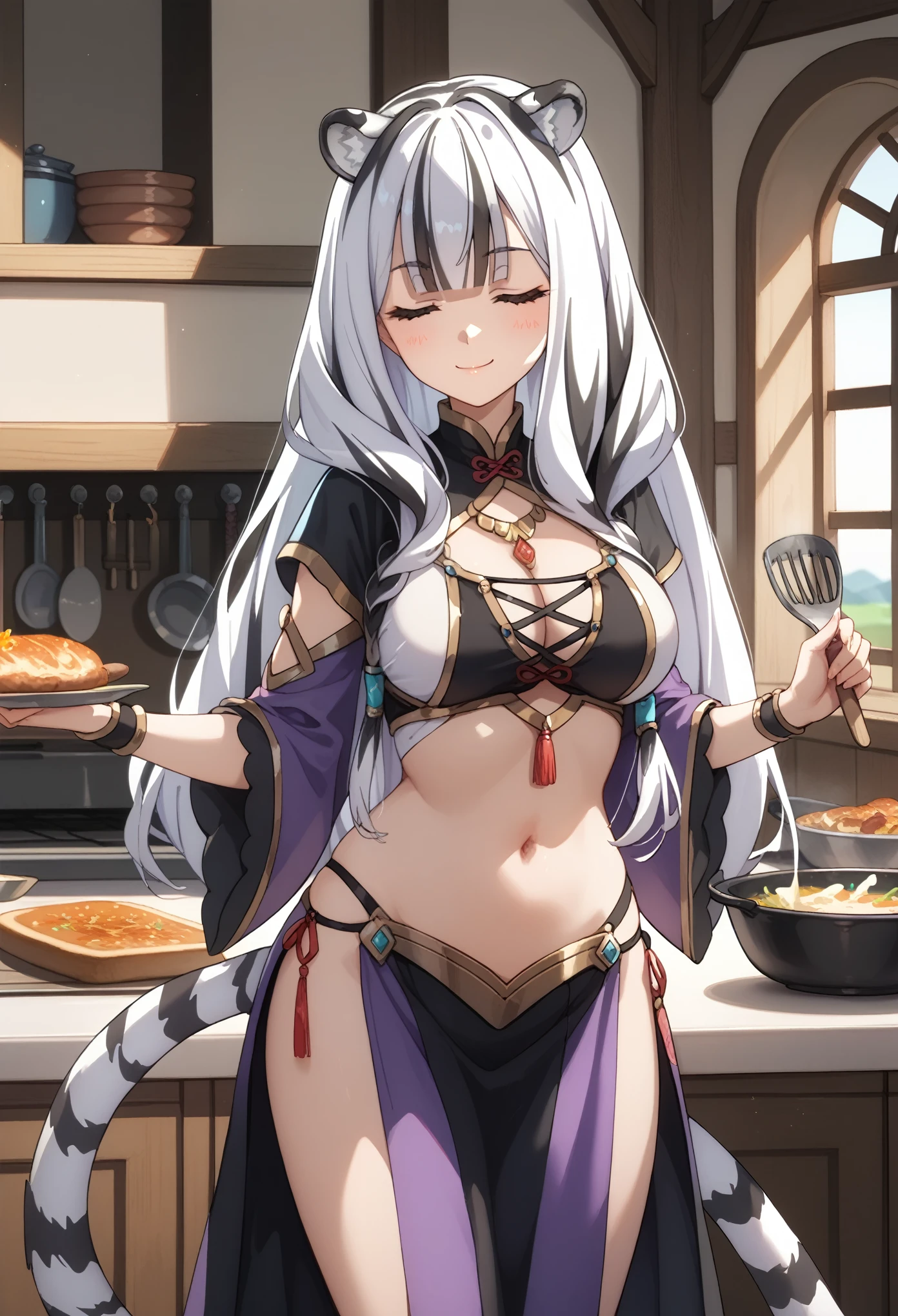 ((masterpiece)), anime style, 1girl, solo, long hair, white tiger ears, white tiger tail, closed eyes, Arabic outfit, purple outfit, black outfit, multicolored outfit, revealing outfit, white hair, two-tone hair, milf, 32 years old, medieval clothes, front view, looking at viewer, blush, smile, open stomach area, cooking, Tail wrapped around pan.