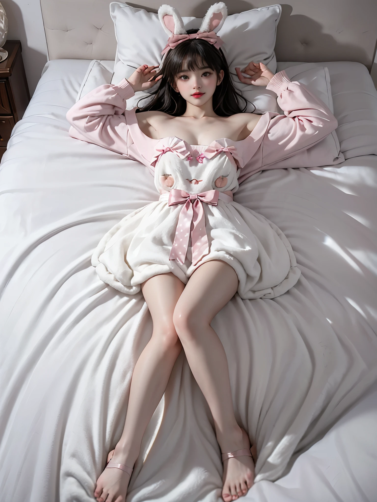 cyb dress,rabbit dress,white dress,rabbit skirt,shirt,animal print shirt,long sleeves,bow,pink bow,rabbit ears,rabbit print, (full body shot:1.4), (complete figure from head to toe:1.3), masterpiece, best quality, realistic gorgeous woman, (lying back on bed:1.3), (hips at bed edge:1.2), (buttocks resting on edge of bed:1.2), (legs fully visible:1.3), ((single bare shoulder)), (Full breasts, visible cleavage), (The hemline is short, revealing sexy, slender legs), (legs naturally extended from bed to floor:1.4), upper body reclined back, (supported by elbows on bed:1.3), looking up, (photographed from high angle showing entire body:1.3), (bird's eye view:1.2), (full body composition:1.3), (wide shot:1.2), soft ambient lighting, (photorealistic:1.3), detailed facial features, natural skin texture, 8k uhd, professional photography