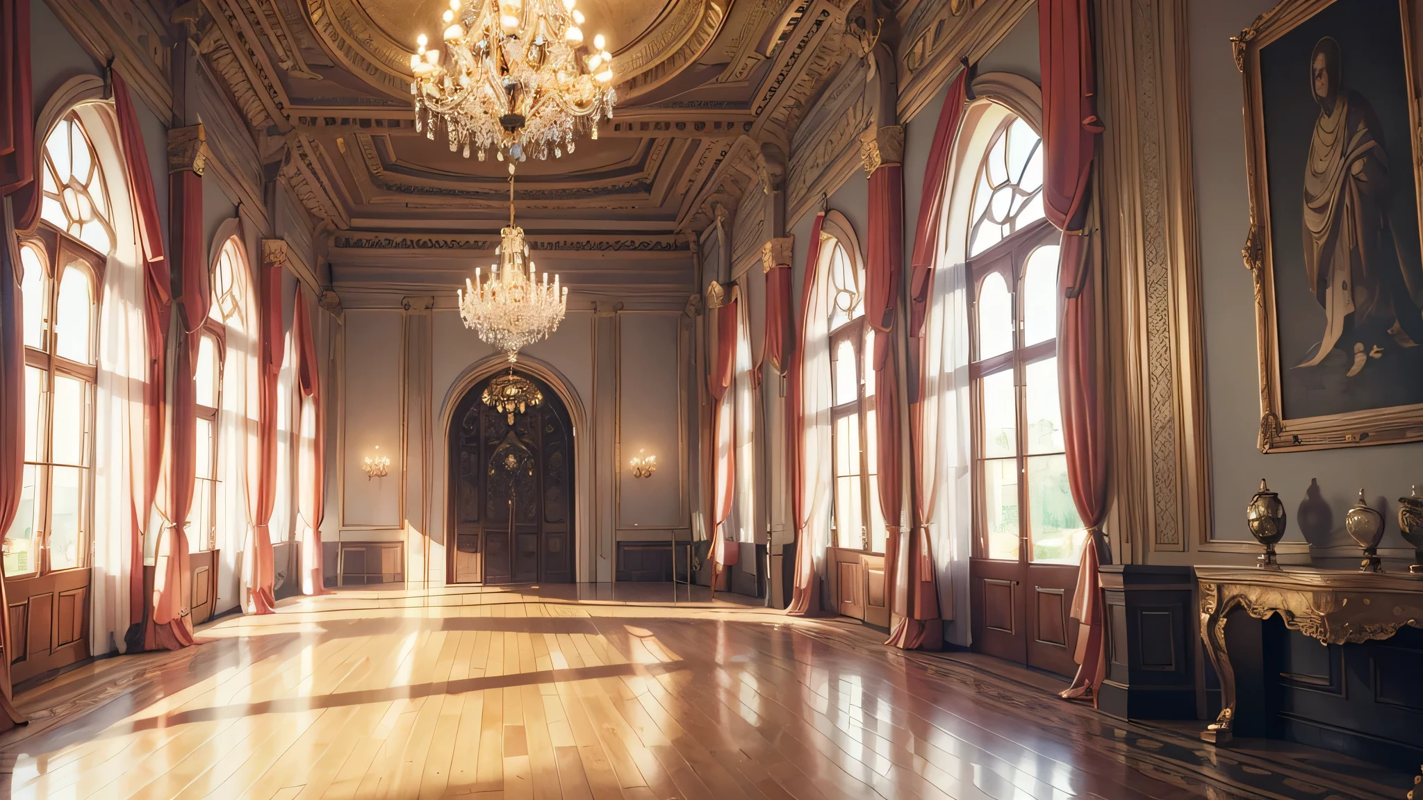 (masterpiece,   best quality:1.4),   Very detailed,  8k,   ultra high resolution,   ultra high resolution,  Photographically,  Inside the Great Palace,  Huge Hall,  No people,  Beautiful and fantastic indoor lighting,  Intricate decoration,  Beautiful white curtains,  A large chandelier hanging from the ceiling,  Extremely luxurious,  Warm colors,  Hyper-detailed,   ray tracing, 