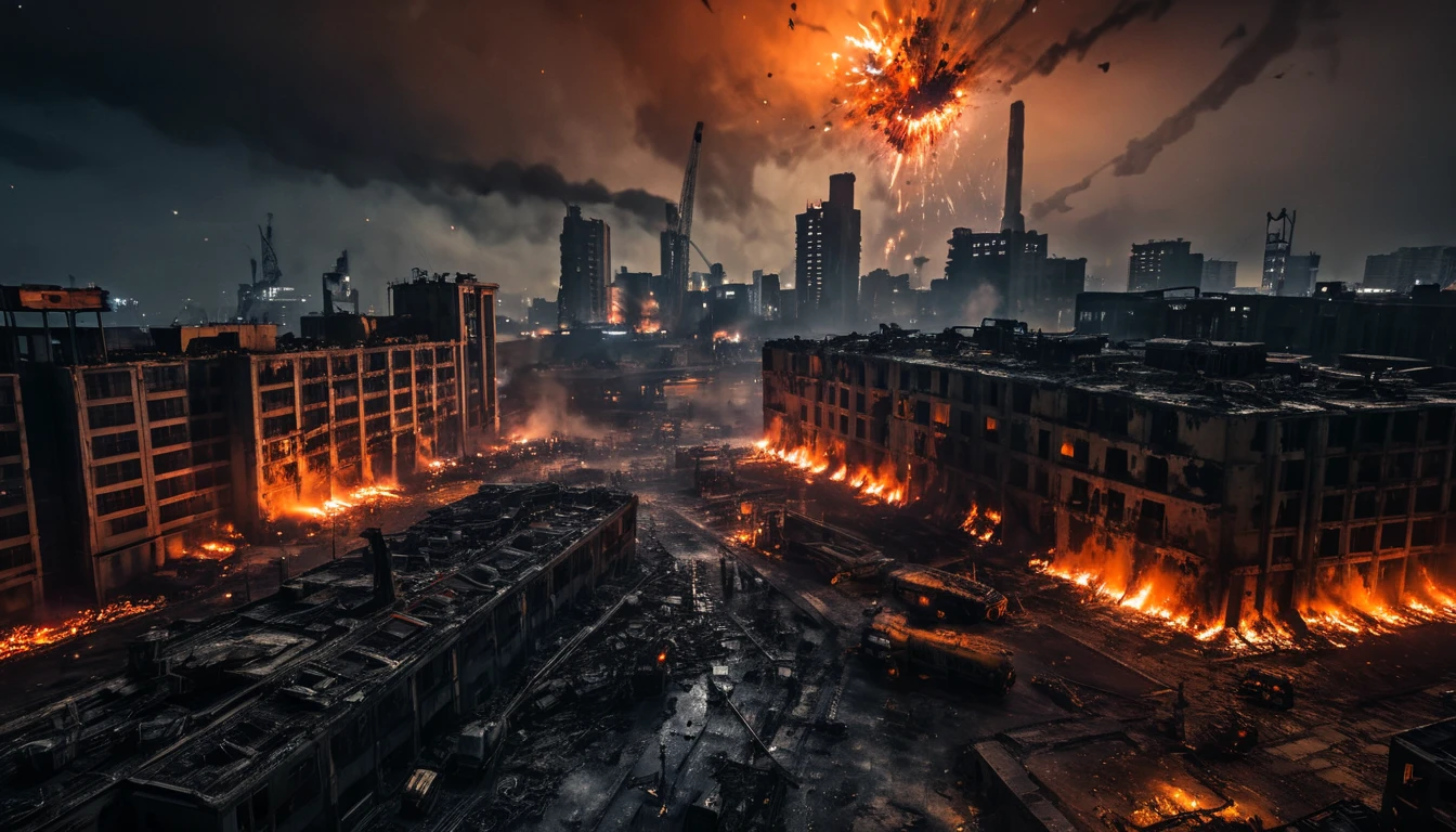 {apocalyptic city at night in complete ruin, multiple military helicopters firing missiles, thick black smoke rising from shattered buildings, massive fiery explosions lighting up the darkness, debris flying through the air, a sense of dread and chaos filling the scene, glowing embers and burning wreckage scattered across the cityscape, dark clouds overhead with flashes of light from missile impacts, a cinematic and dramatic atmosphere} 
-- photorealistic, ultra-detailed -- inspired by {war-torn cities, post-apocalyptic landscapes, night battle scenes} -- high-contrast lighting with bright explosions and deep shadows, cold and muted tones contrasted with fiery orange and red glows -- Nikon D850, 24mm lens, ultra HD, 8k resolution, HDR, intense smoke and fire effects
