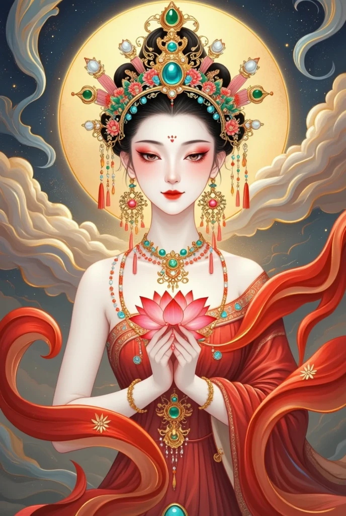 Flying，flowing red silk， A beautiful goddess with a golden cloud and sky background,Portrait of a very beautiful girl，Statue of Tara Bodhisattva ， red eyeshadow， red face ，Red lips，，front， skin details ，Fine hair。Crown(Dot emerald +Cloisonne+ filigree enamel+flower+pearl+tassel)， upper body , 手持莲flower .  fair skin ,  is surrounded by clouds， with a golden halo on her face .(((Red Silk Streamer )))
